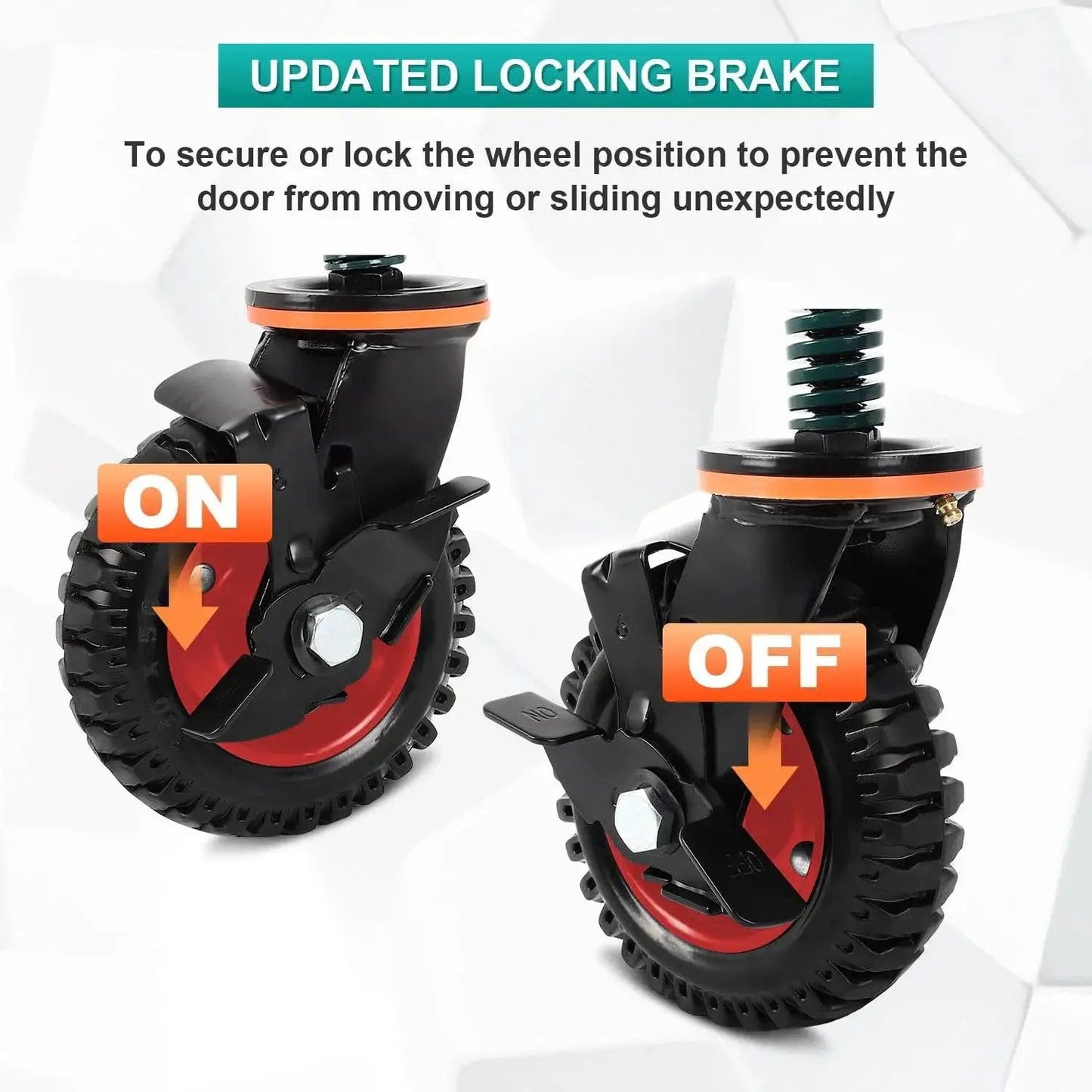 Six Inch Gate Wheels With Brake For Metal Swing Tube Gates And Wooden Fence Gates, Spring Loaded Vertical Spring, 360 Degree Swivel