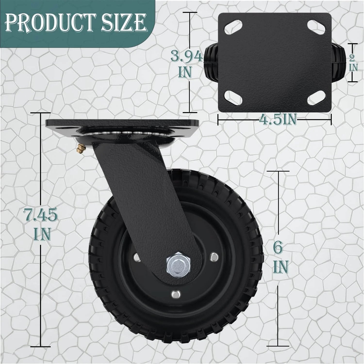 Top and side view of ✝️ Swivel heavy duty caster wheel, 6 inch*2, 800lb capacity, black rim, solid rubber, cast iron, outdoor, flat free