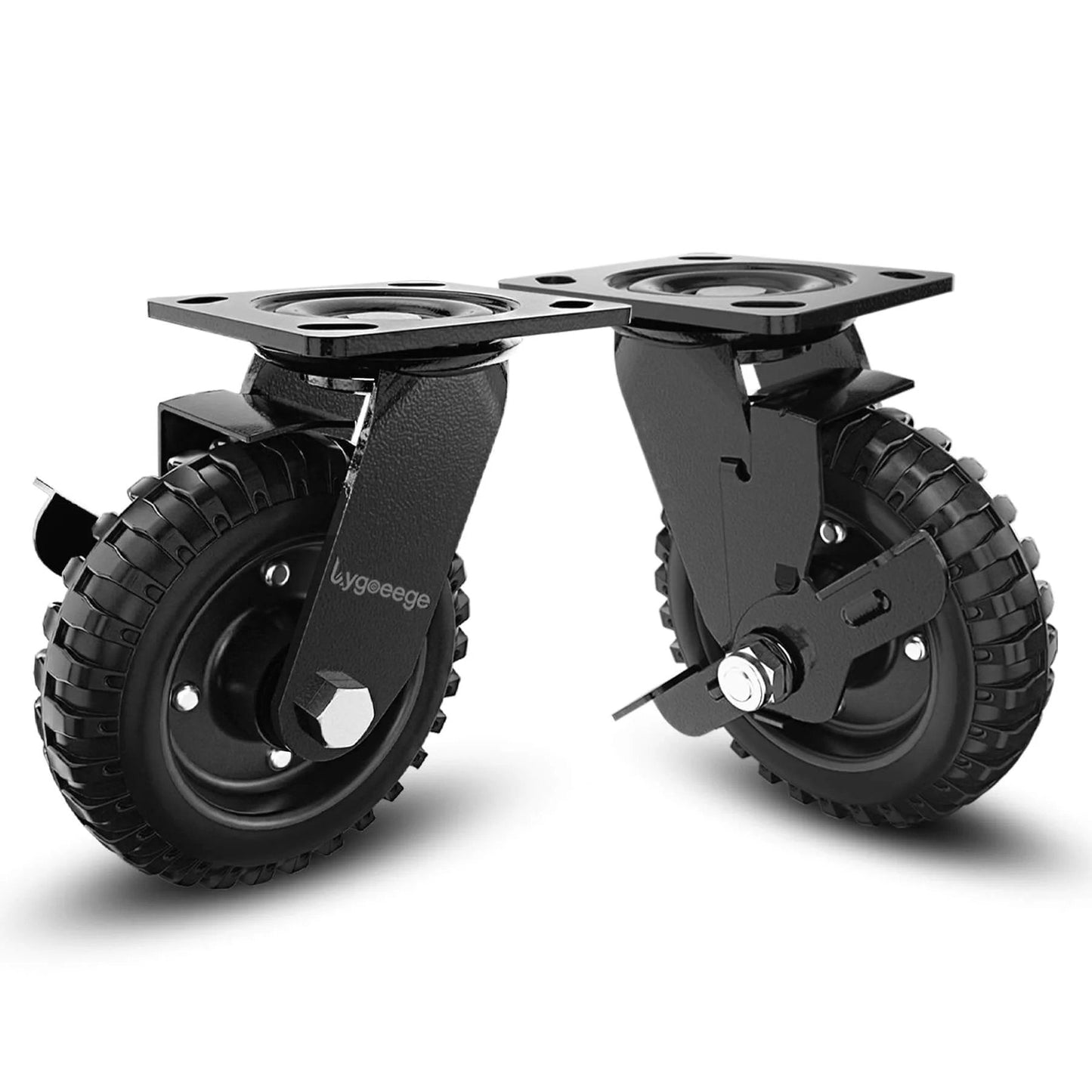 ✝️ 6 Inch Swivel Heavy Duty Caster Wheel with Brake 800lb Solid Rubber Black Rim, pair of wheels front view