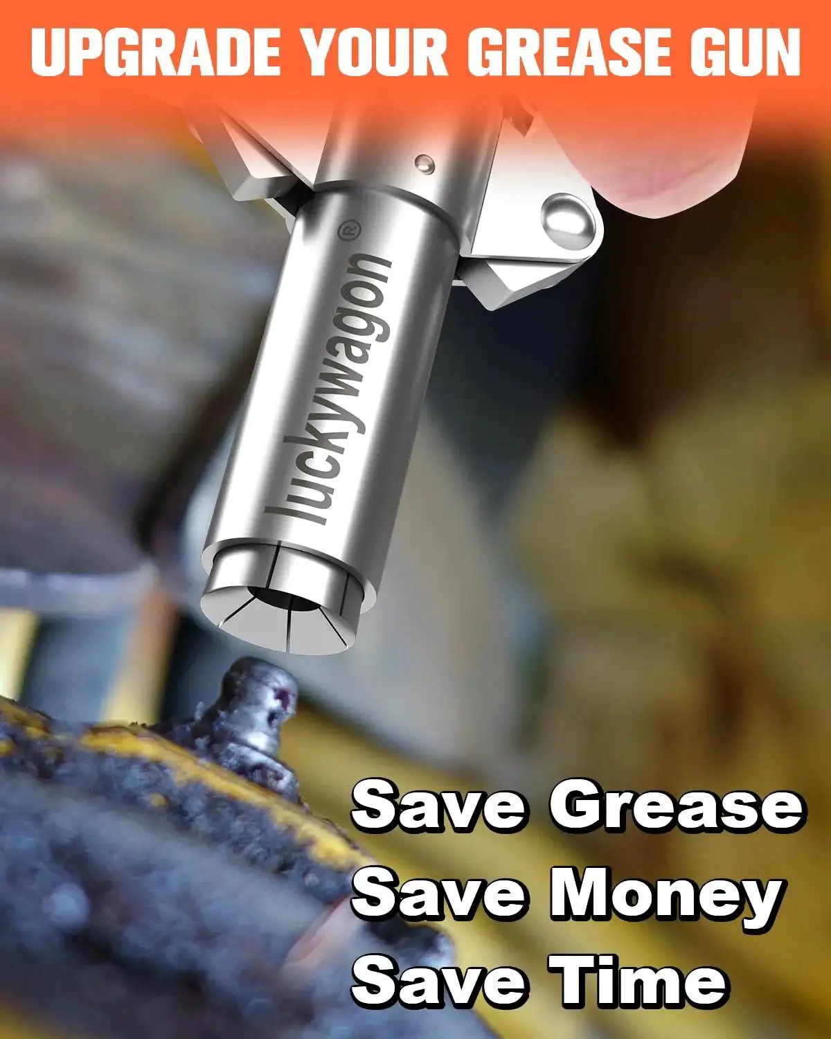 Close-up of Luckwagon Upgraded 6 Jaw Lock On Grease Gun Coupler attached to a zerk fitting with non-slip double handle.