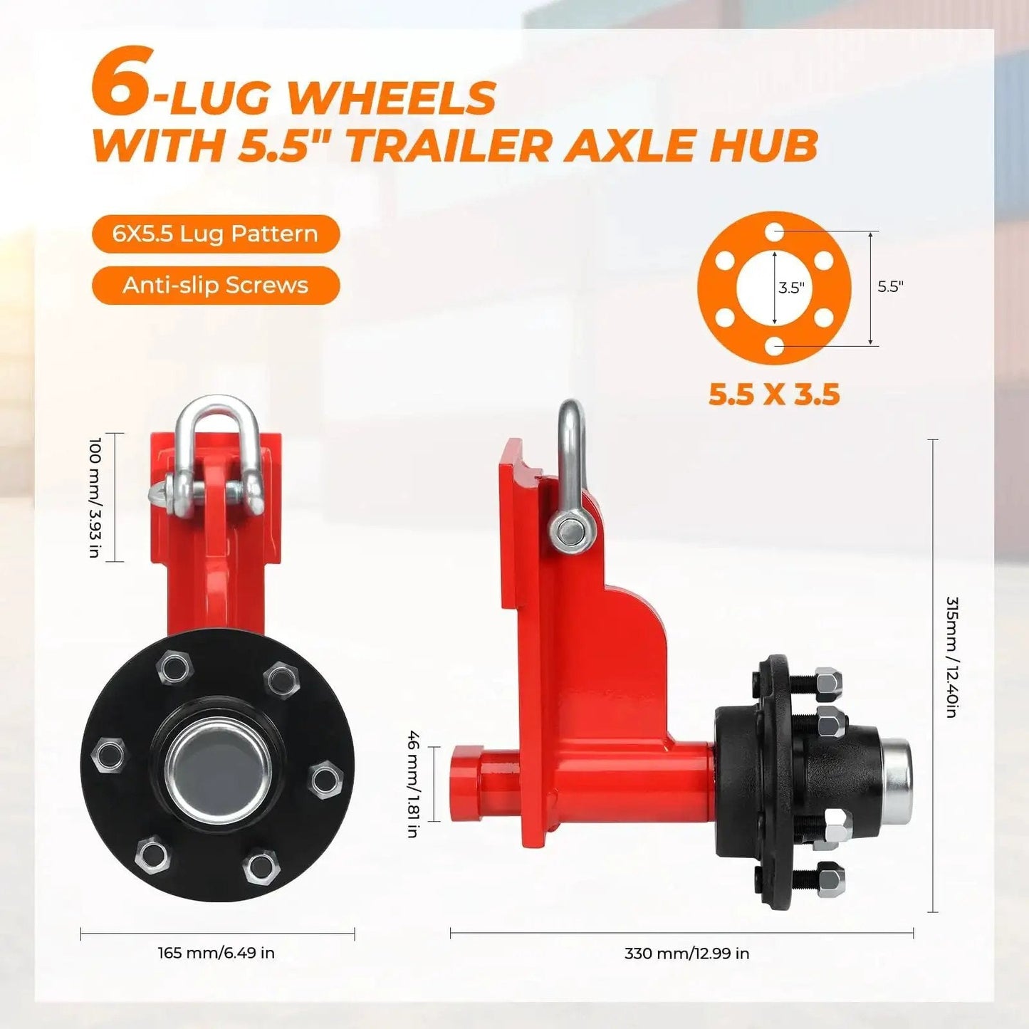 2 Pack Shipping Container Wheels 6 Lug Axles Kit With Ratchet Tie Down for Moving 20 Ft to 40 Ft Containers, side view