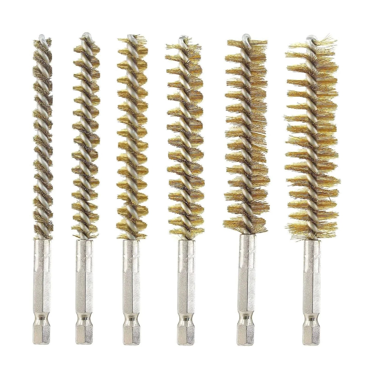 6 Pieces Brass Bore Brushes in Different Sizes, Brass Bristles Wire Cleaning Brush for Power Drill Impact Driver, with 1/4 Inch Hex Shank, 4 Inch in Length (8/10/12/15/17/19mm) displayed on white background