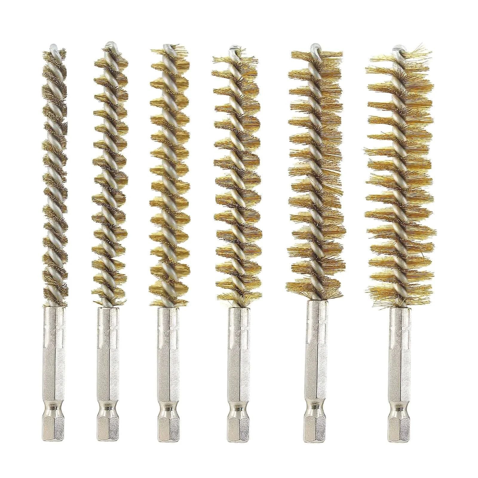 6 Pieces Brass Bore Brushes in Different Sizes, Brass Bristles Wire Cleaning Brush for Power Drill Impact Driver, with 1/4 Inch Hex Shank, 4 Inch in Length (8/10/12/15/17/19mm) displayed on white background