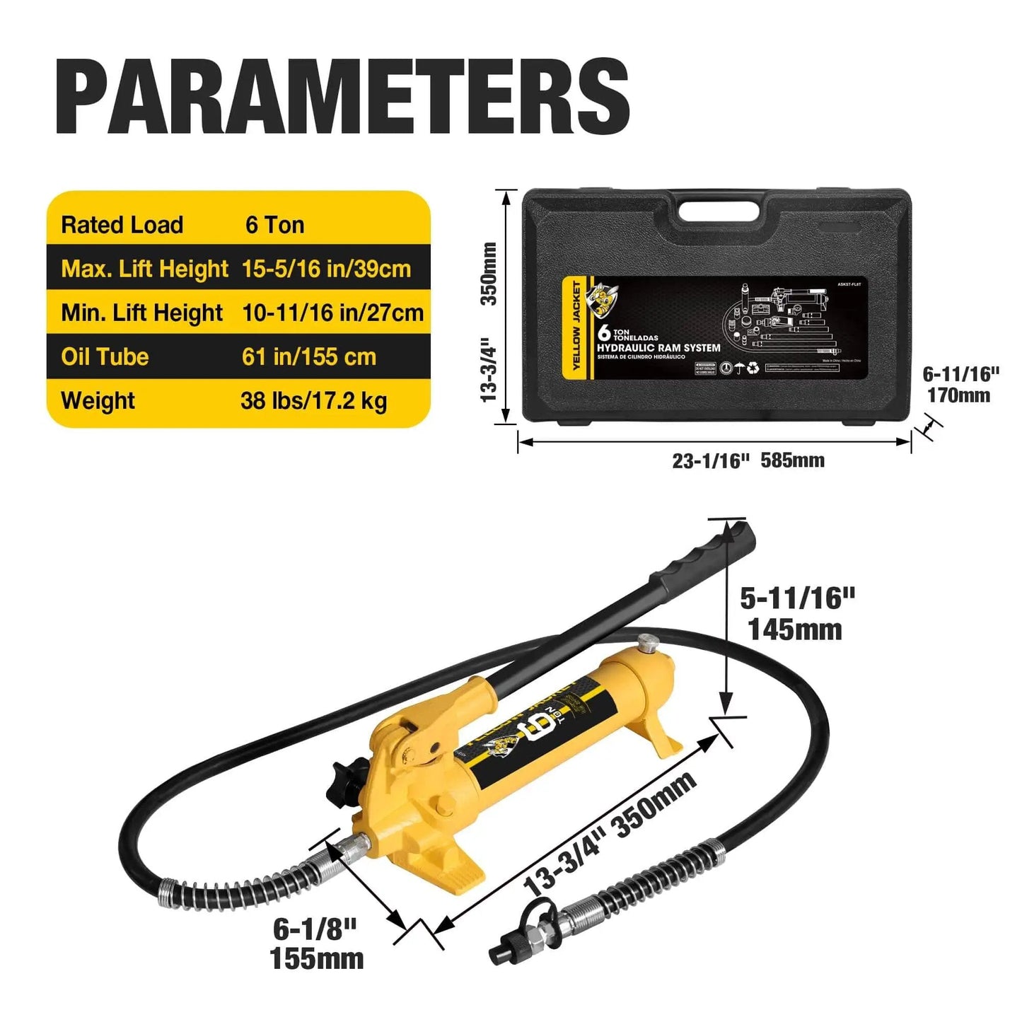 6 Ton Porta Power Kit Hydraulic Ram Pusher Puller For Auto Body Frame Repair In Garage Or Shop With Blow Mold Carrying Storage Case With Pro Grade Leak Proof And Rust Proof Heavy Duty Steel Yellow Jacket. Image shows black carrying case and yellow hydraulic pump with measurements.