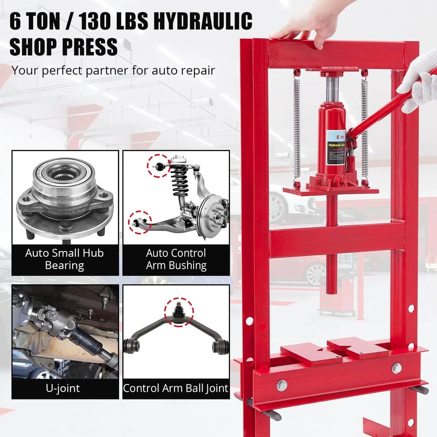✝️ 6 Ton Hydraulic Shop Press with Plate, Adjustable H-Frame Garage Floor Hydraulic Benchtop Press shown with bearing and joint parts