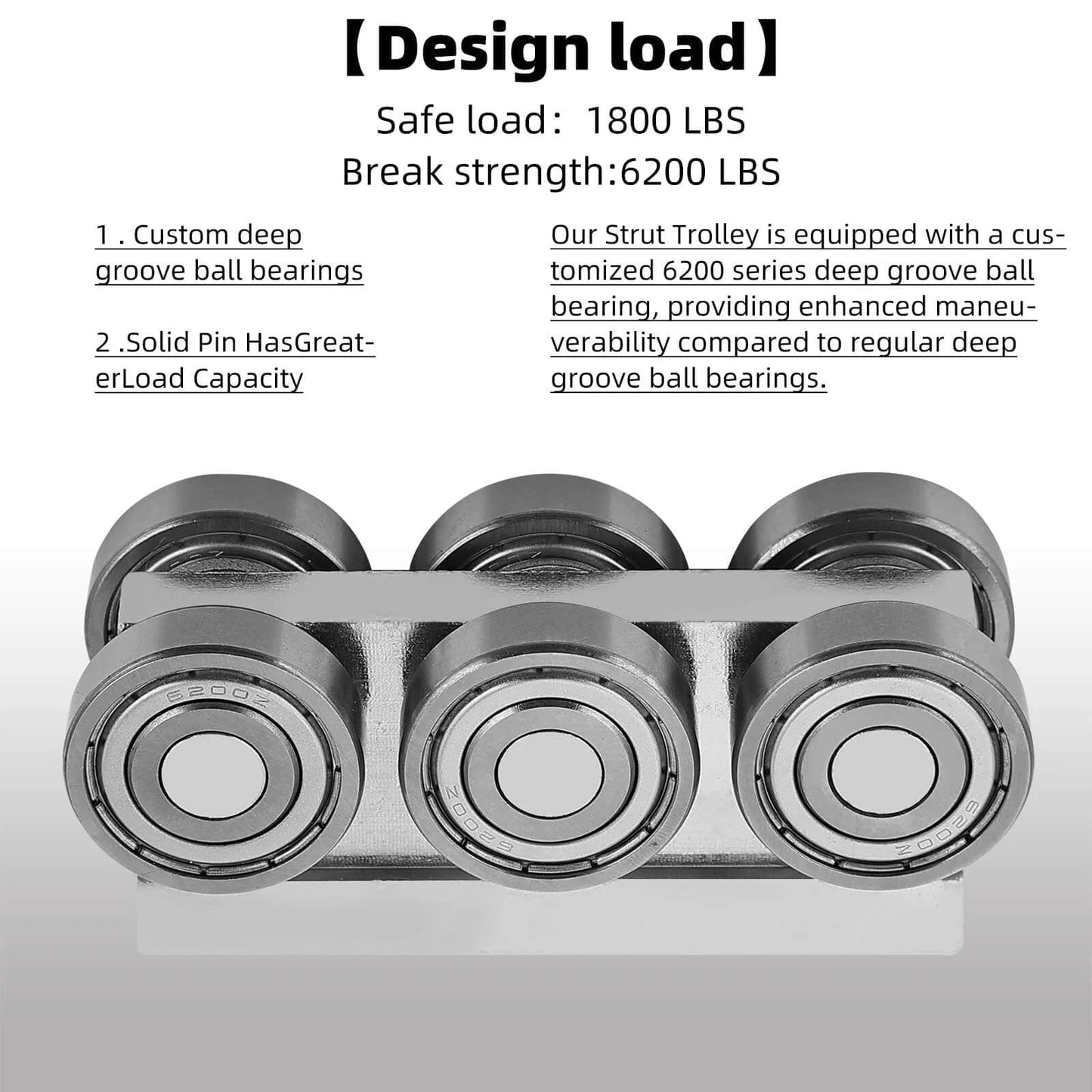 6 Wheel Trolley Assembly M5 Thread Rollers Four Bearing Trolley Assembly showcasing four custom deep groove ball bearings