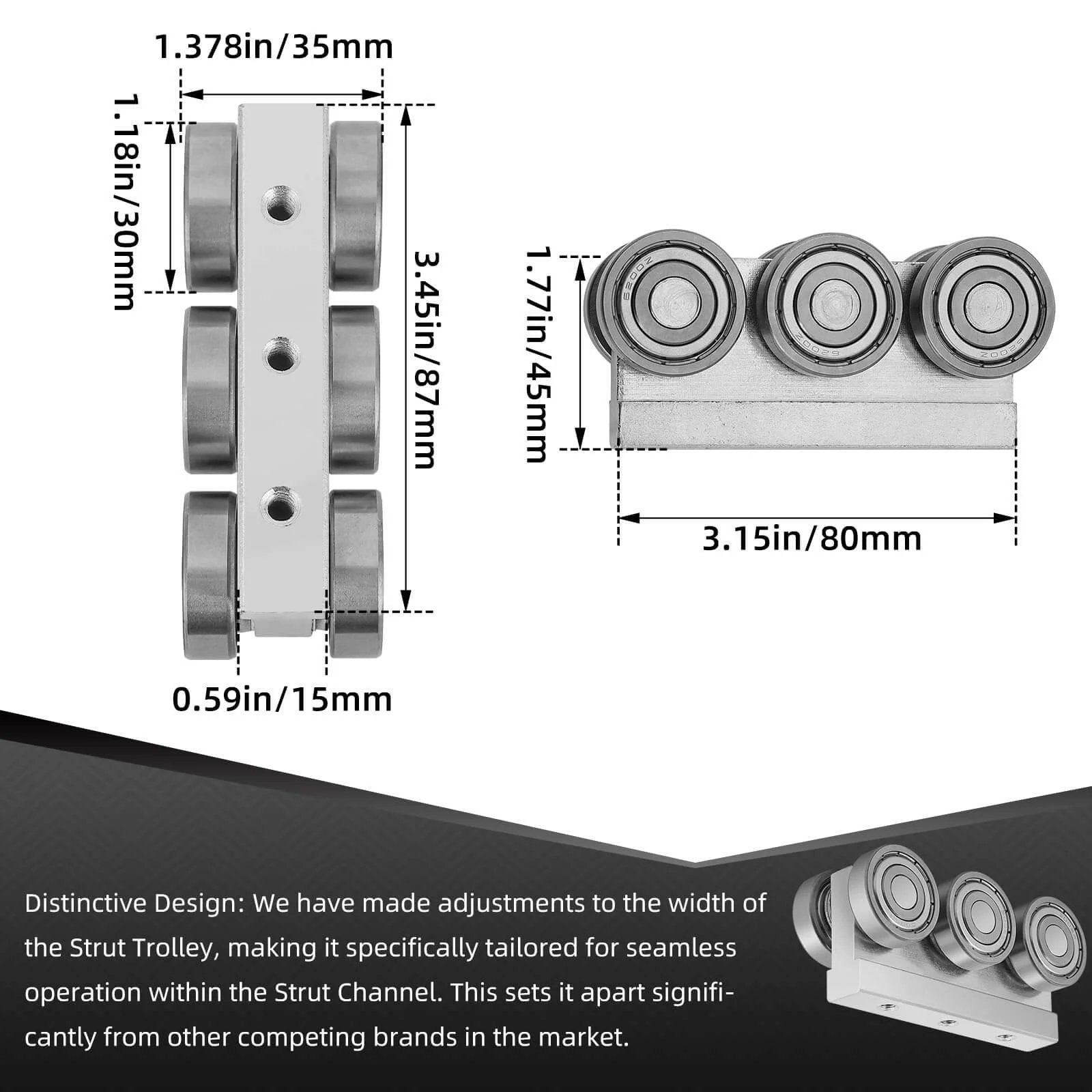 Dimensions diagram of 6 Wheel Trolley Assembly M5 Thread Rollers Four Bearing Trolley Assembly for 1-5/8" Wide Strut Channel
