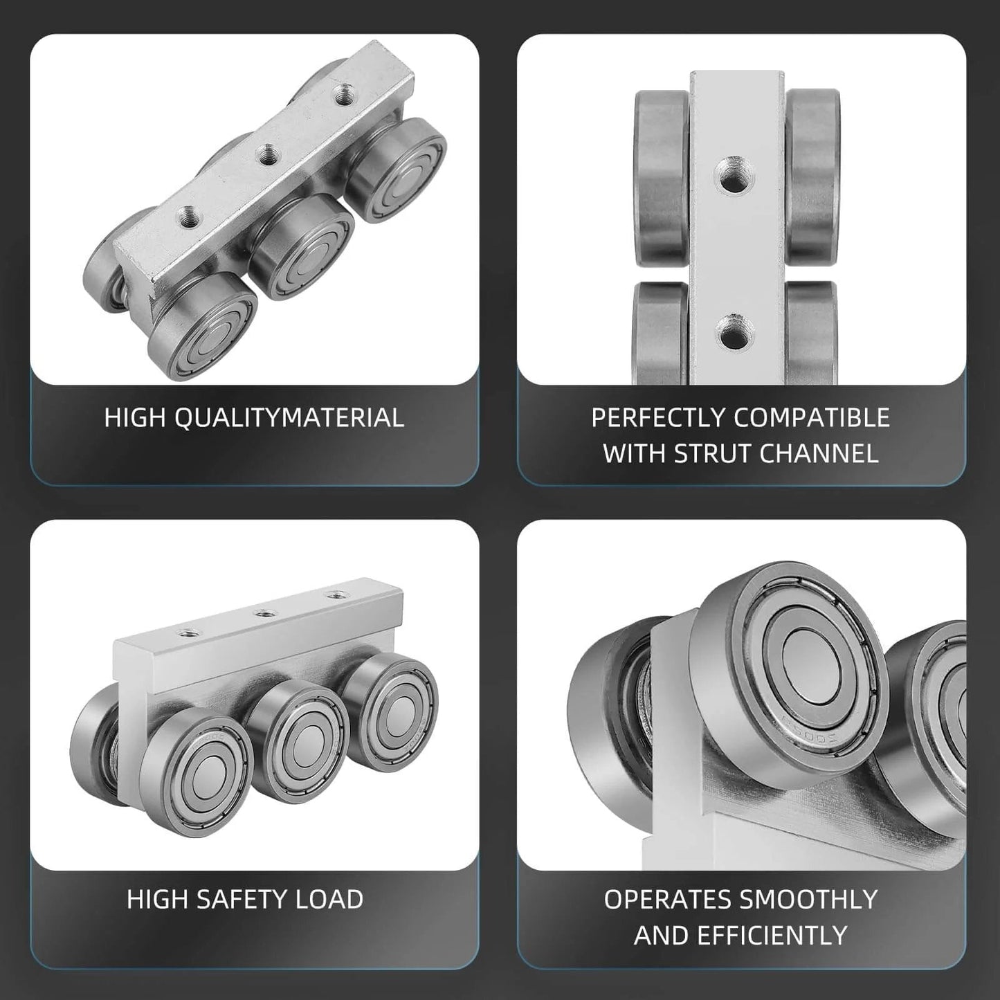 ✝️ 6 Wheel Trolley Assembly M5 Thread Rollers with Four Bearings for 1-5/8" Strut Channel, designed for smooth motion and stability