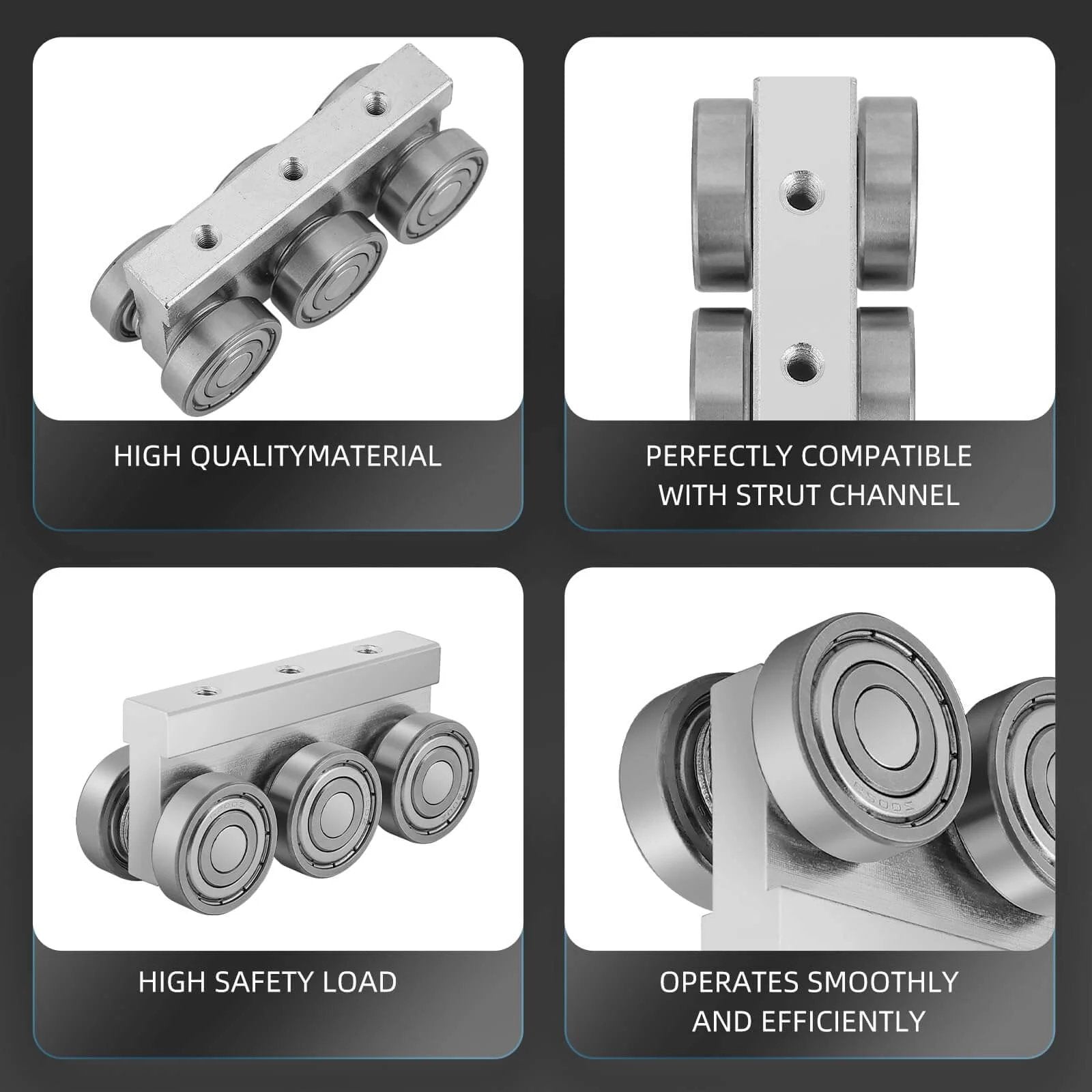 ✝️ 6 Wheel Trolley Assembly M5 Thread Rollers with Four Bearings for 1-5/8" Strut Channel, designed for smooth motion and stability