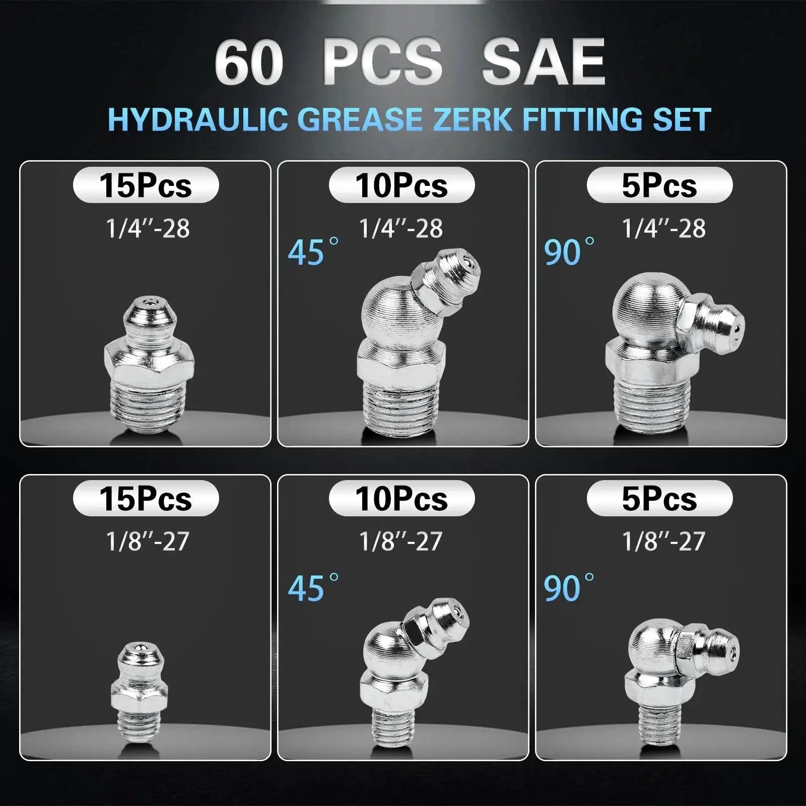 60 Piece Grease Fittings Kit With One Quarter Inch And One Eighth Inch BSP Threads Featuring Ninety Degree Forty Five Degree And Straight Angles