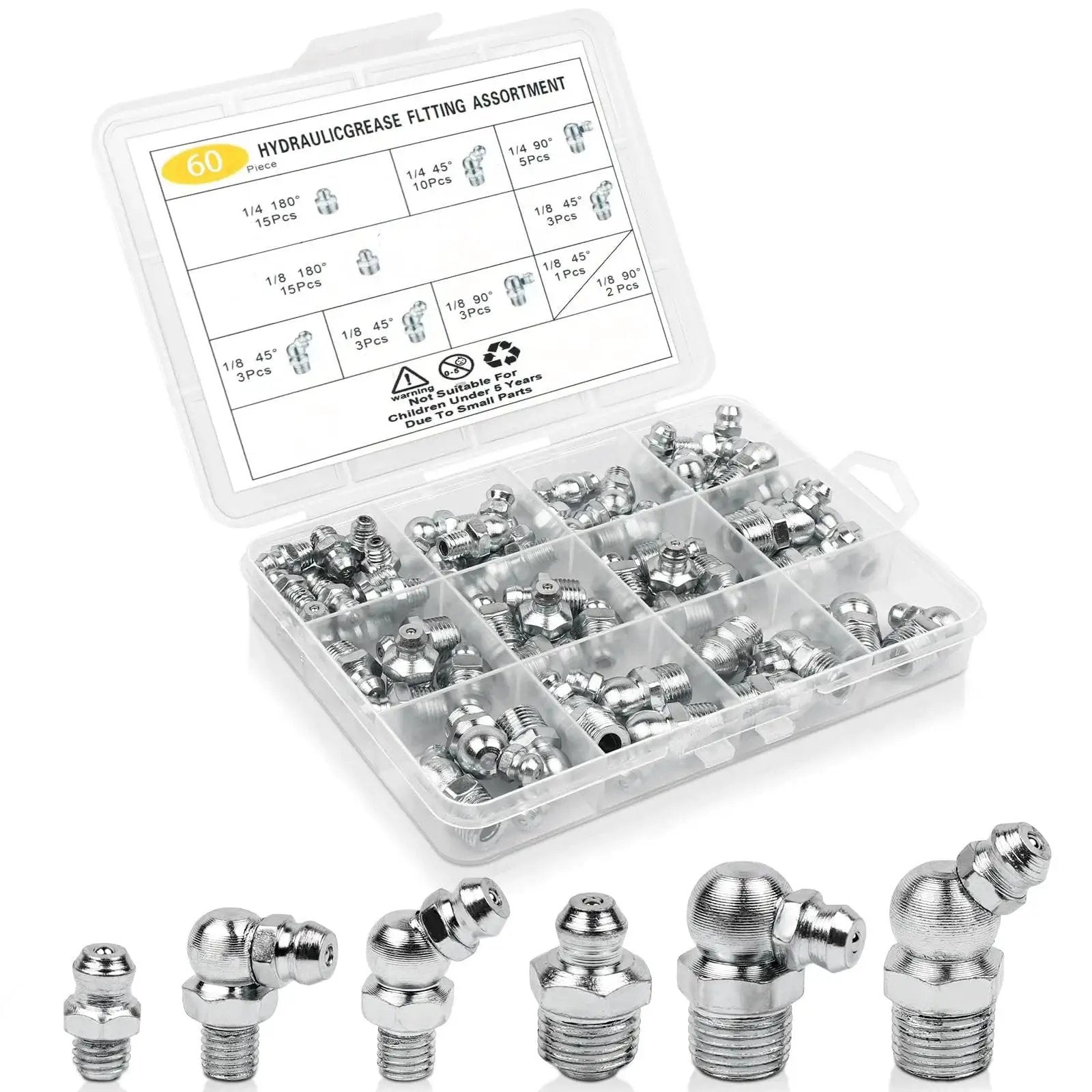 60 Piece Grease Fittings Kit With One Quarter Inch And One Eighth Inch BSP Threads Featuring Ninety Degree Forty Five Degree And Straight Angles