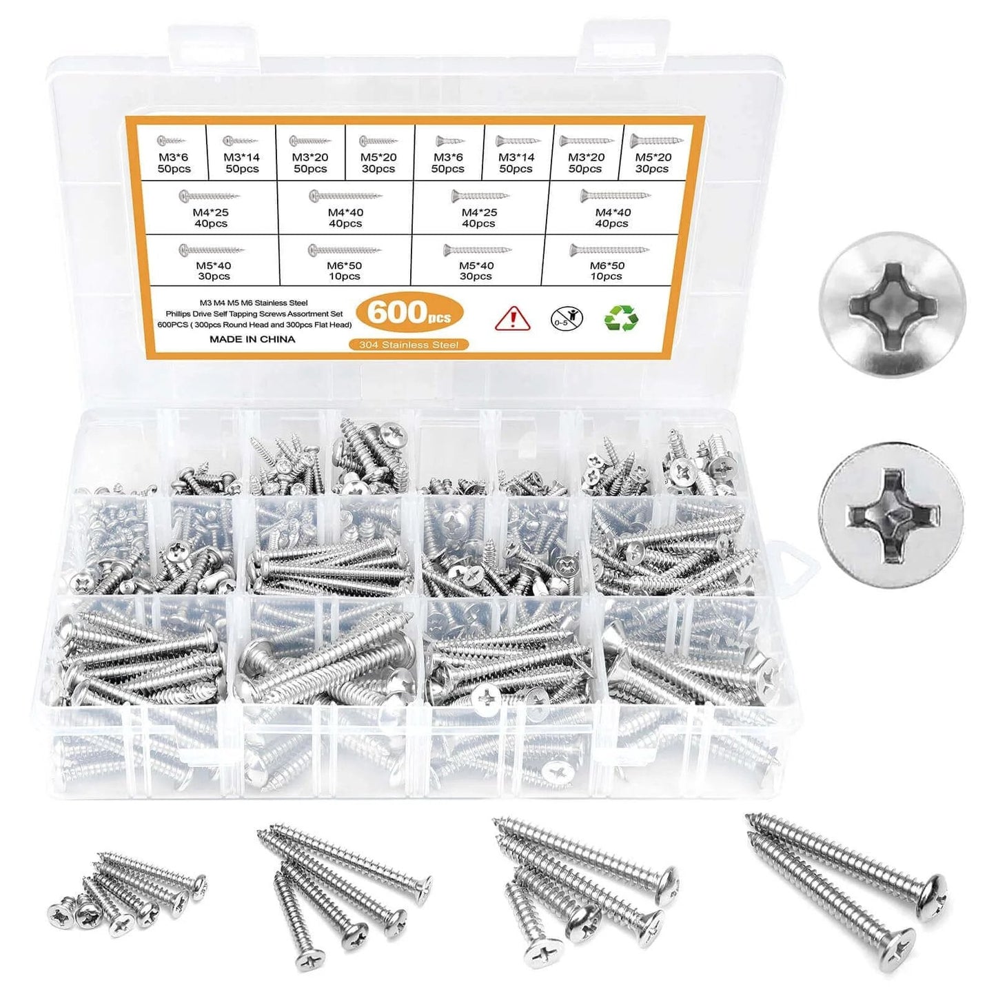 600 Pcs M3 M4 M5 M6 Stainless Steel Wood Screws Assortment Kit with 16 Sizes Featuring Round and Flat Head Self Tapping Metal Screws from 6mm to 50mm for Wood Deck Drywall and Concrete Projects