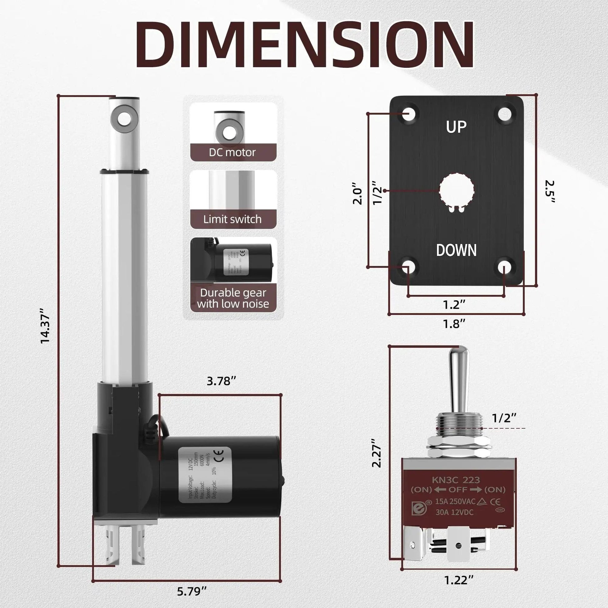 Diagram of 6000N Heavy Duty 12V Linear Actuator With 6 Inch Stroke 1320 Lb Load And 4 Mm Per Second IP54 Waterproof Electric Actuator