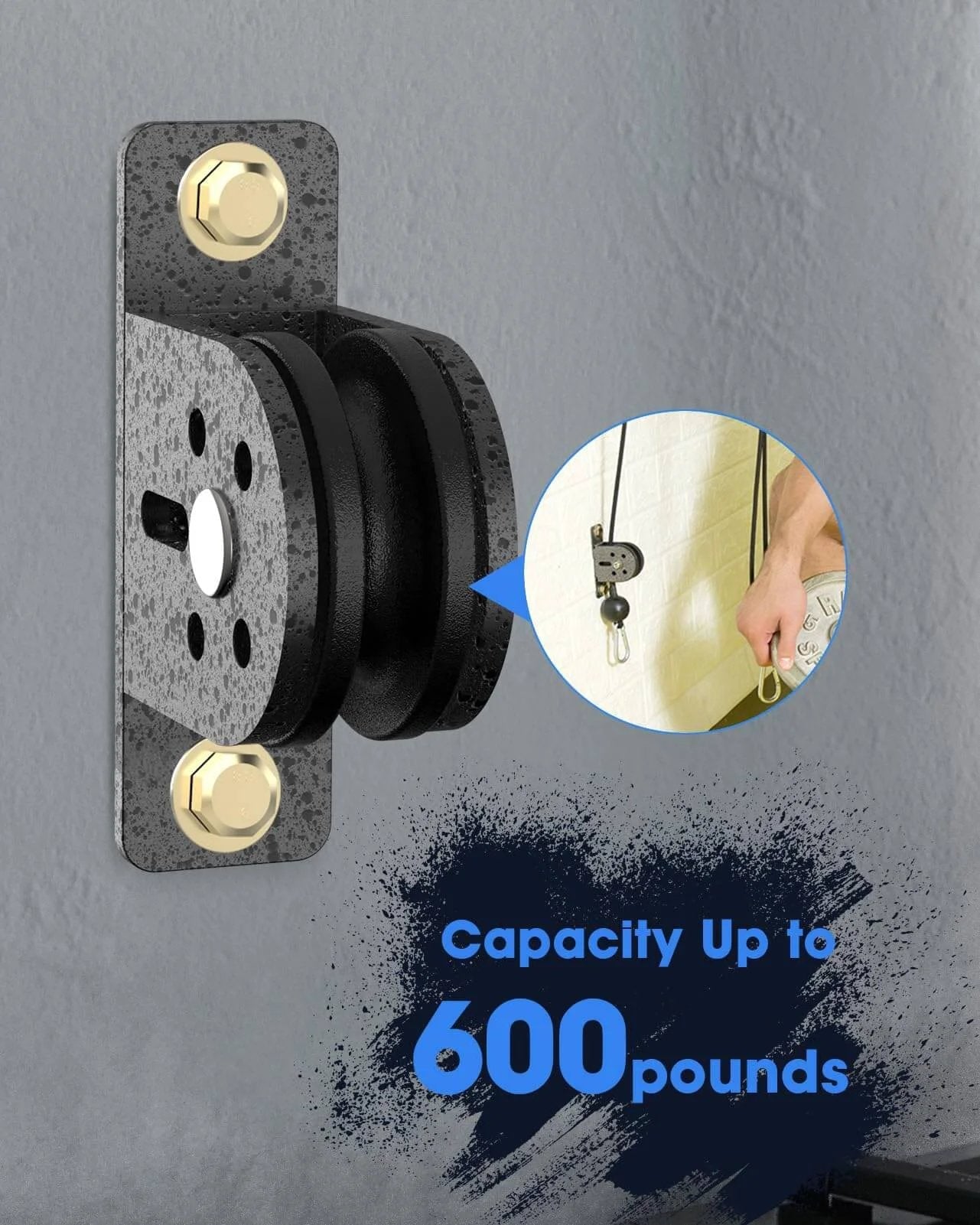 2 pack silent cable pulley wheel set for home gym shown with installation example, stainless steel and nylon construction, supports 600 lbs