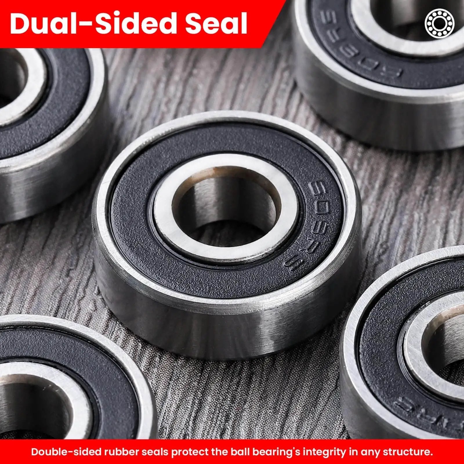 Close-up of Pack of 12 608-2RS sealed ball bearings 8x22x7mm in steel with dual-sided rubber seals on textured surface.