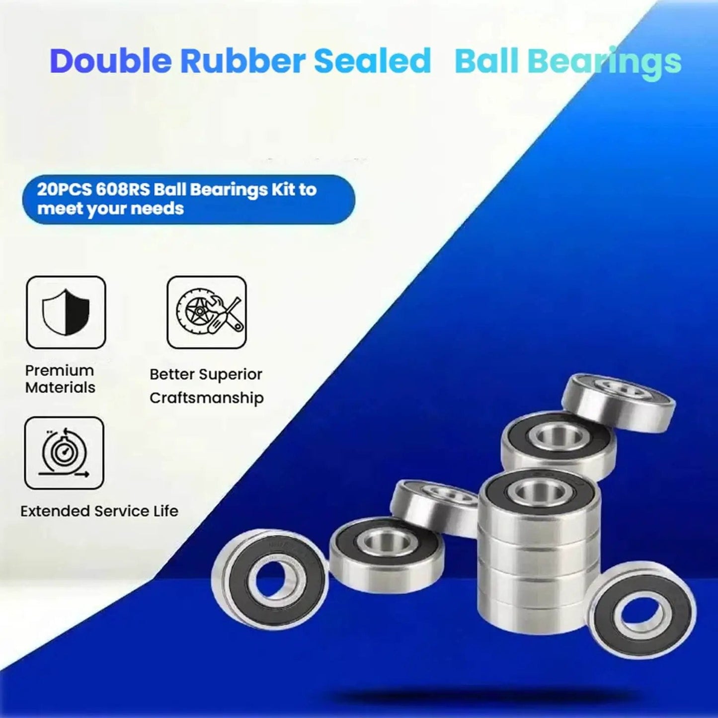 Pack of 20 608-2RS sealed 8x22x7mm deep groove ball bearings in bearing steel with double rubber seals for skateboard longboard