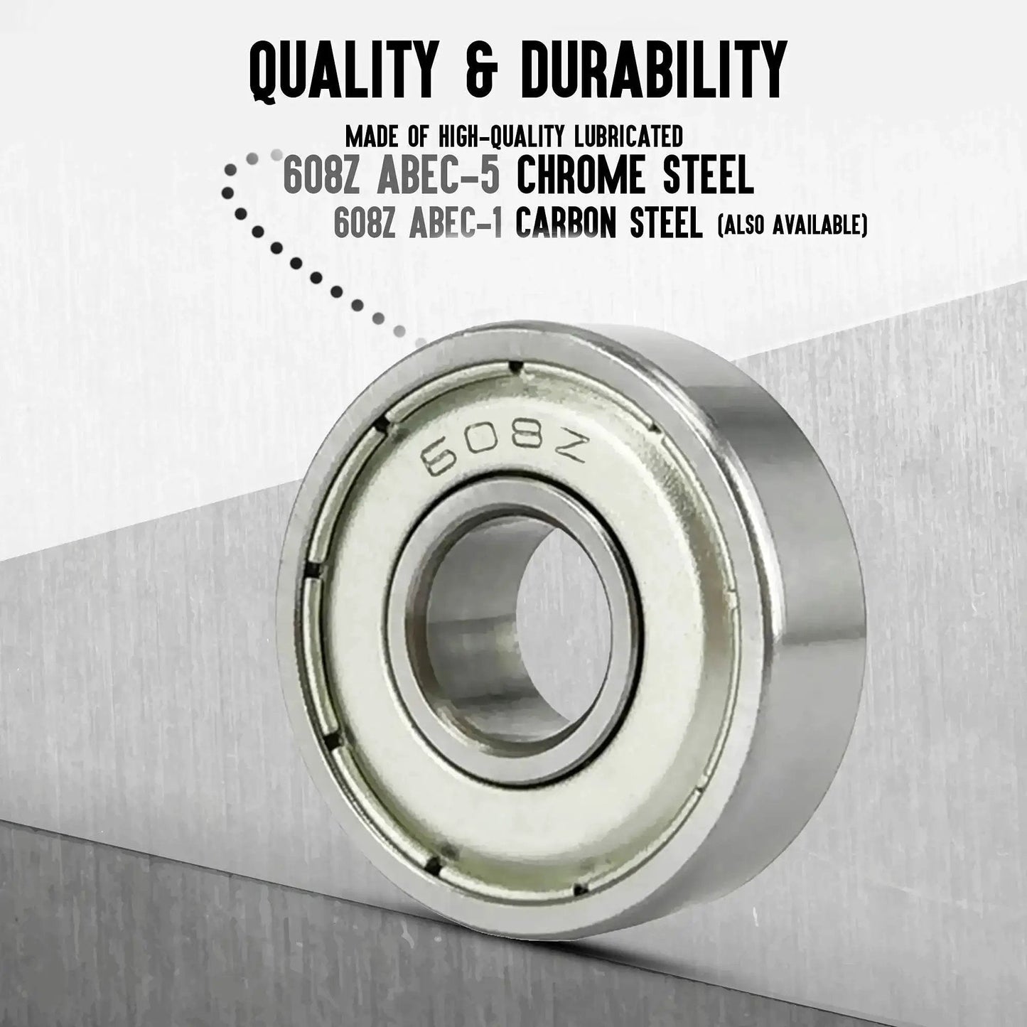 Close-up of 608ZZ Pre Lubricated Roller Skate Wheel Bearing, ABEC-5 Chrome Steel, ideal for inline skates, scooters, and skateboards.