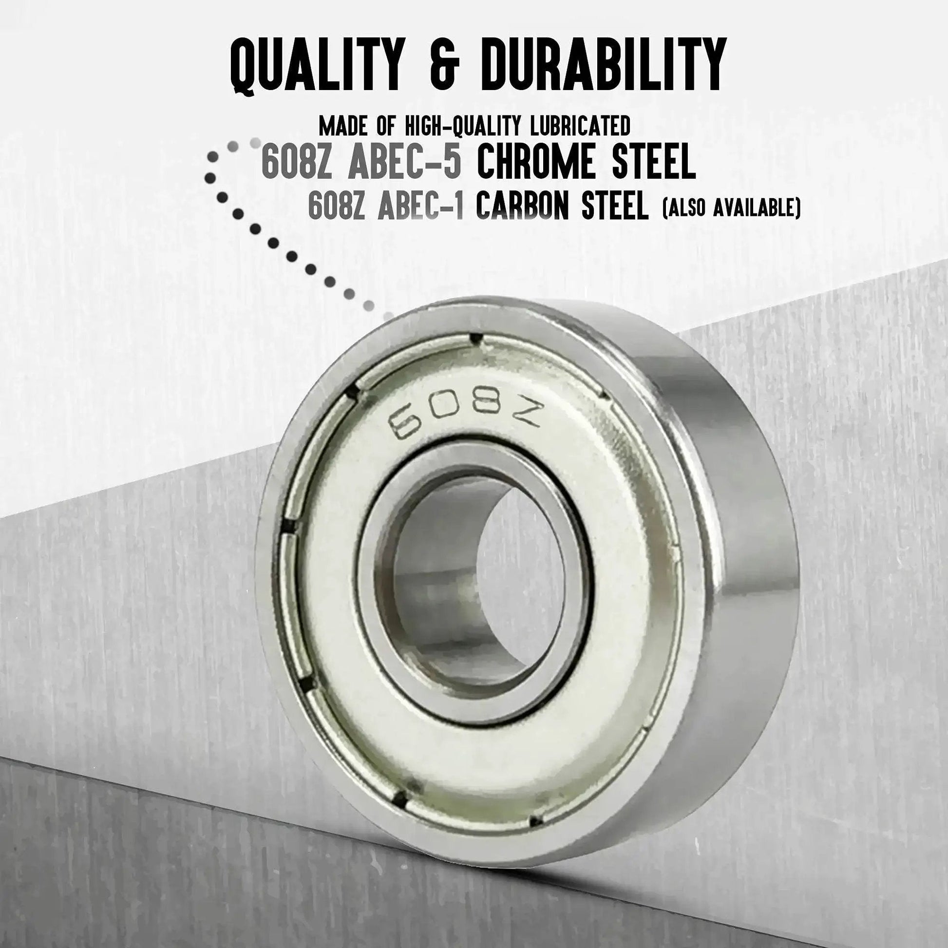 Close-up of 608ZZ Pre Lubricated Roller Skate Wheel Bearing, ABEC-5 Chrome Steel, ideal for inline skates, scooters, and skateboards.