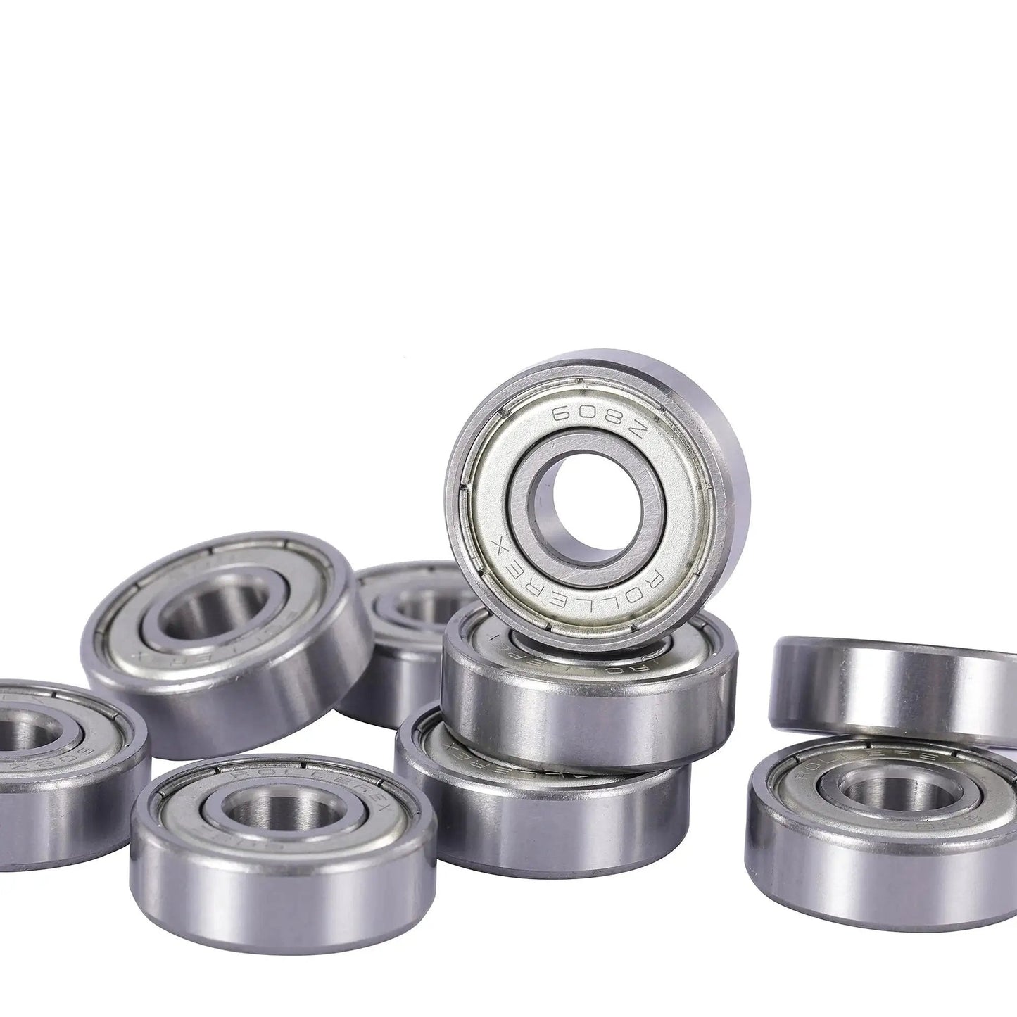 608ZZ pre lubricated roller skate wheel bearings for inline skates, stack of chrome steel bearings, ABEC 5 and ABEC 1, 20 pack