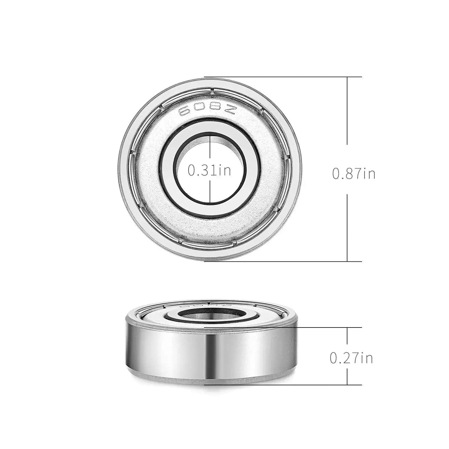 Shielded Sealed 608ZZ Miniature Skateboard Bearings 8x22x7mm 10 Pack, front and side view with dimensions.