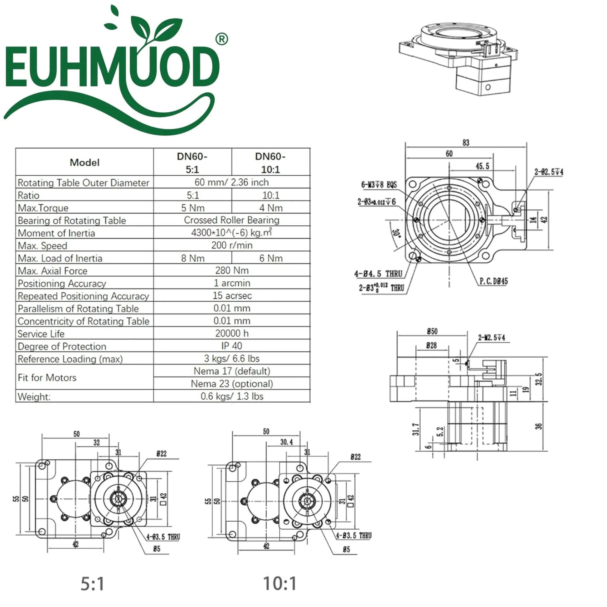 Technical diagram and specifications for 60mm Hollow Rotary Actuator High Accuracy Rotating Platform Gear Ratio 5:1