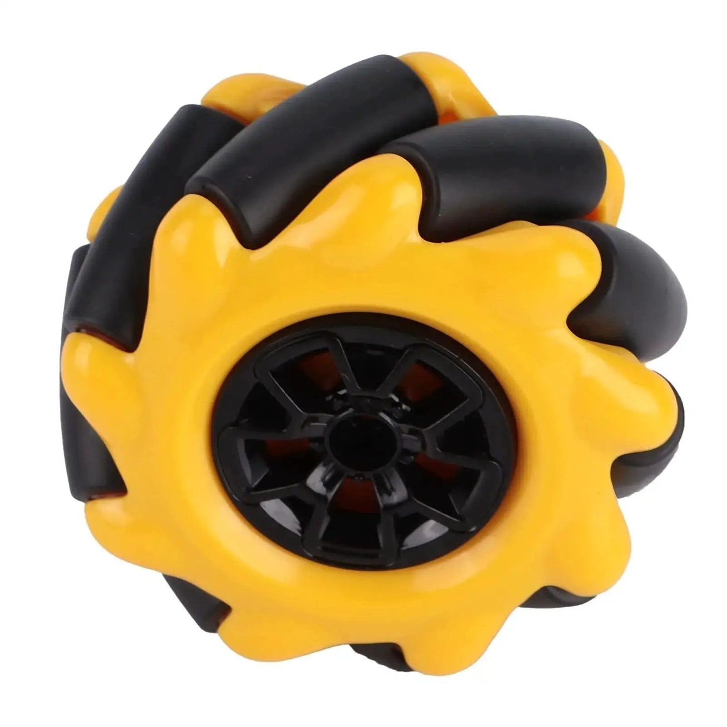 Close-up of a 60mm Mecanum Wheel for Geared Motors, yellow and black rubber-coated omnidirectional wheel for robot cars and DIY projects