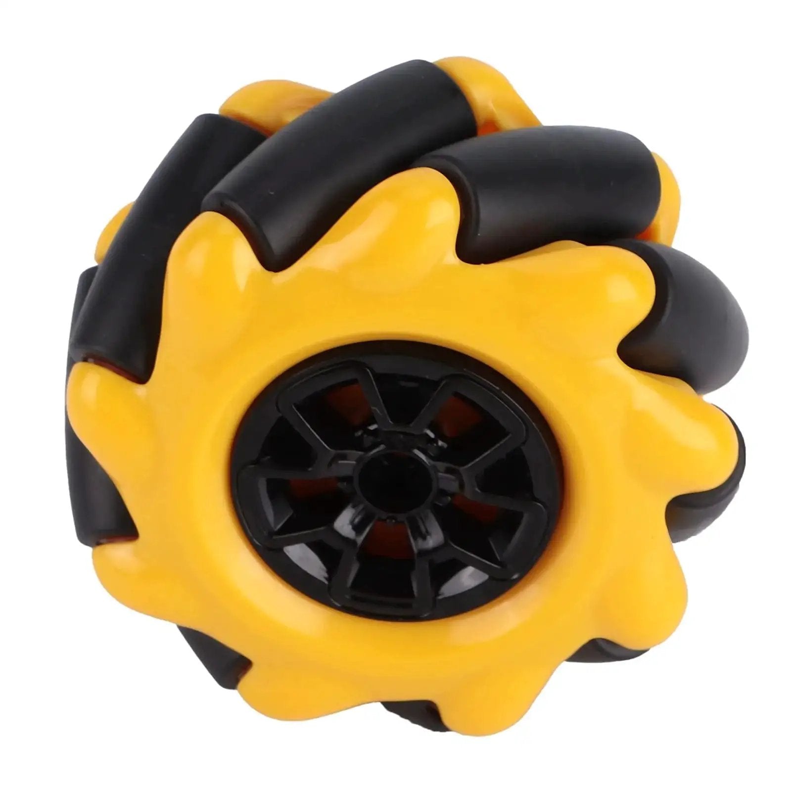 Close-up of a 60mm Mecanum Wheel for Geared Motors, yellow and black rubber-coated omnidirectional wheel for robot cars and DIY projects