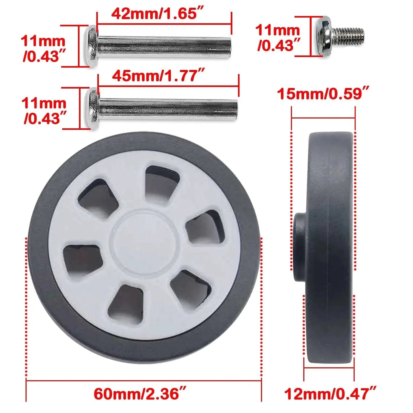 60mm Diameter 12mm Wide Replacement Suitcase Wheels Kit For 360 Spinner Luggage including axles and screws with dimensions