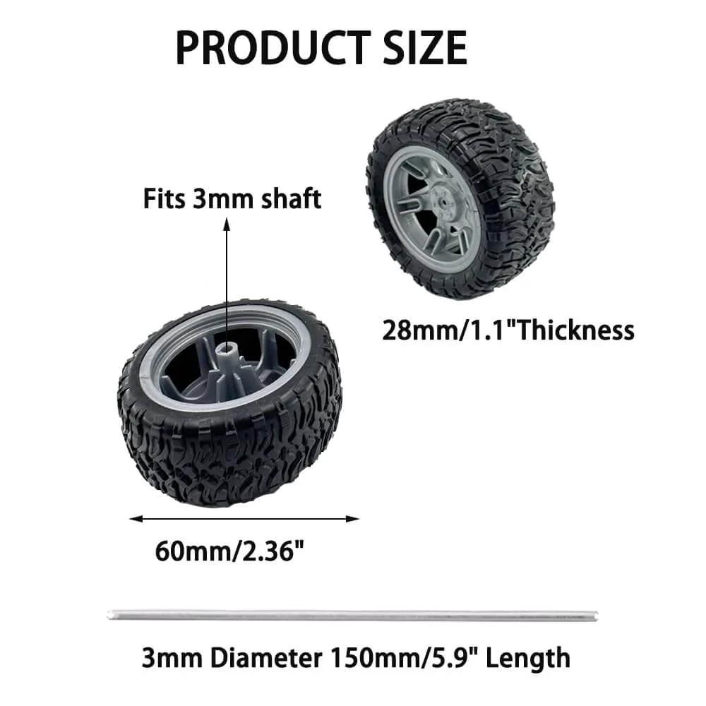 Diagram showing 4pcs toy car wheel 60mm model car rubber tire with 3mm metal shaft axles, dimensions and specifications listed