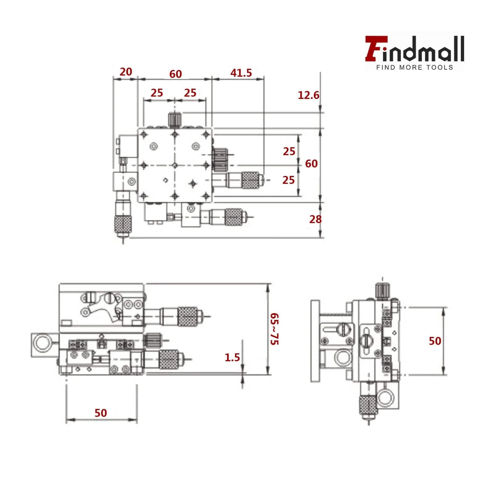Technical diagram of the ✝️ 60 X 60mm XYZ Linear Stage 3 Axis Manual Linear Stage XYZ Sliding Platform Trimming Bearing Tuning Platform Sliding Table.
