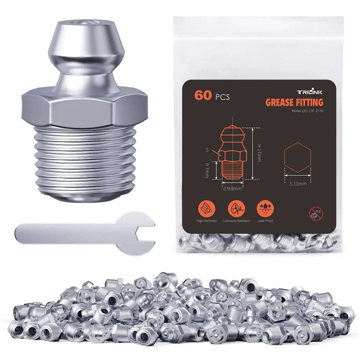 One Eighth Inch Twenty Seven Zerk Grease Fittings Kit With Wrench For Quick Installation Heavy Duty Pro Grade 60 Pieces