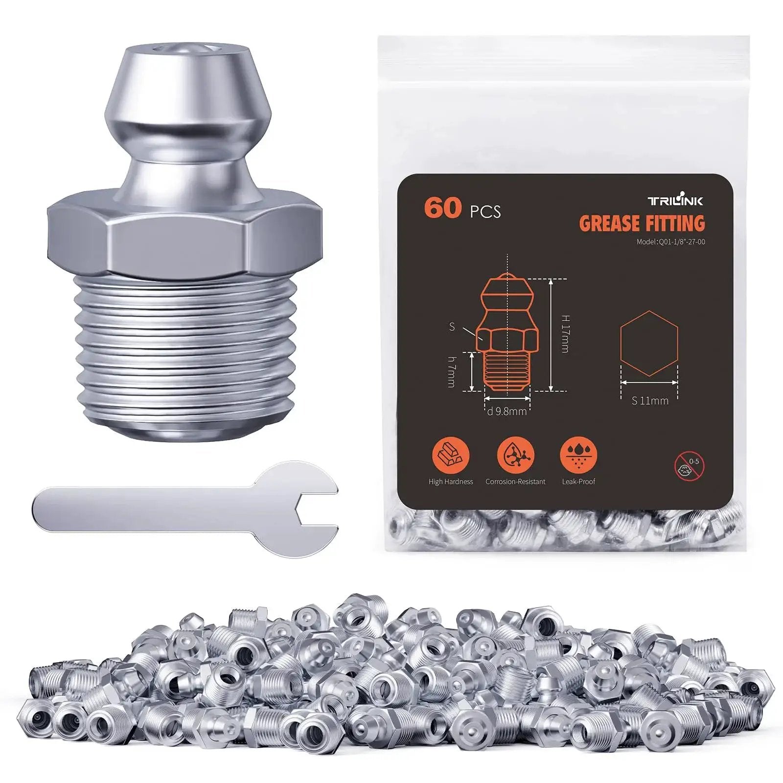 One Eighth Inch Twenty Seven Zerk Grease Fittings Kit With Wrench For Quick Installation Heavy Duty Pro Grade 60 Pieces