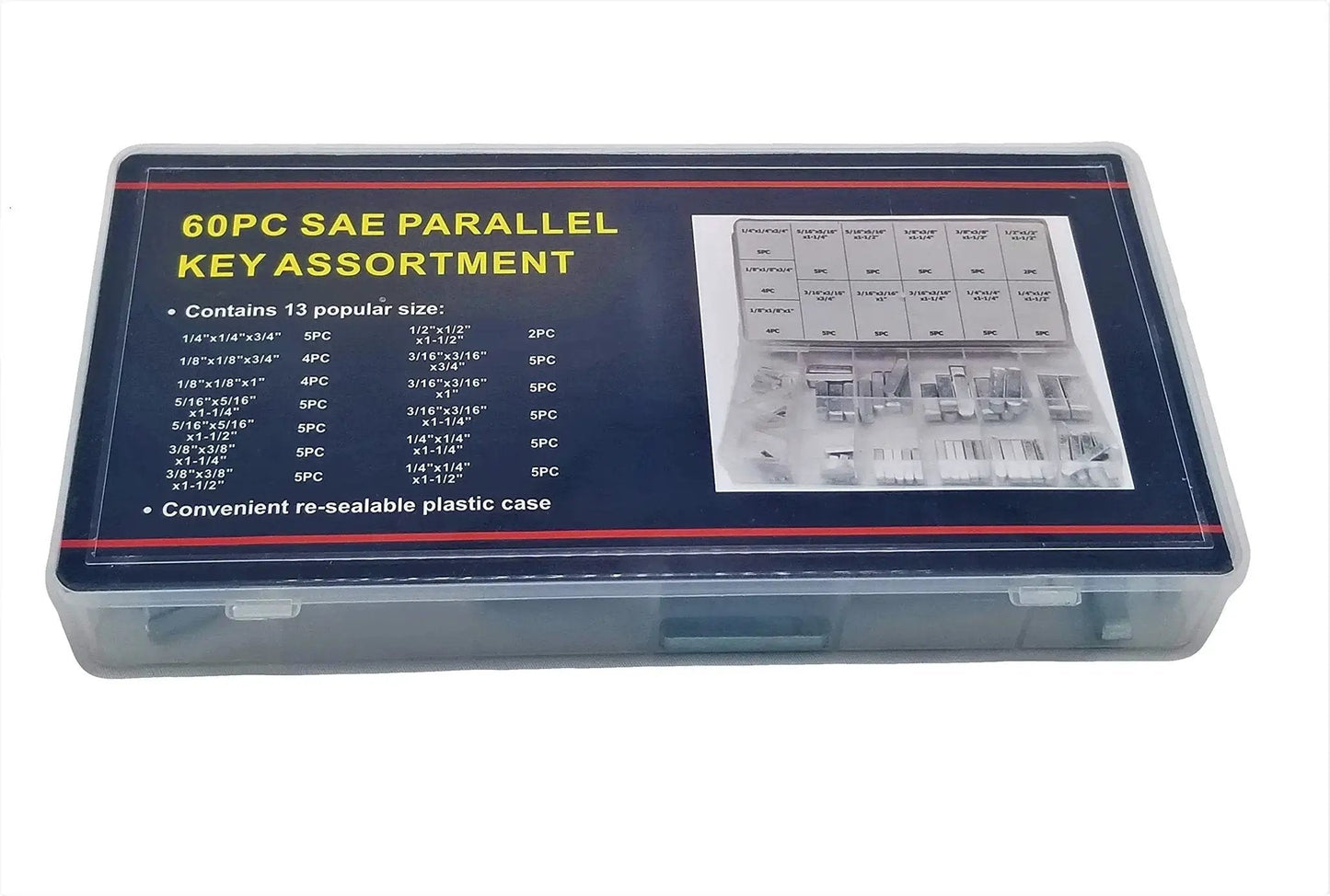 60 Pc SAE Keystock Bar Assortment in PVC case, visible closed box, heat treated zinc plated steel for lock pulleys and keyways