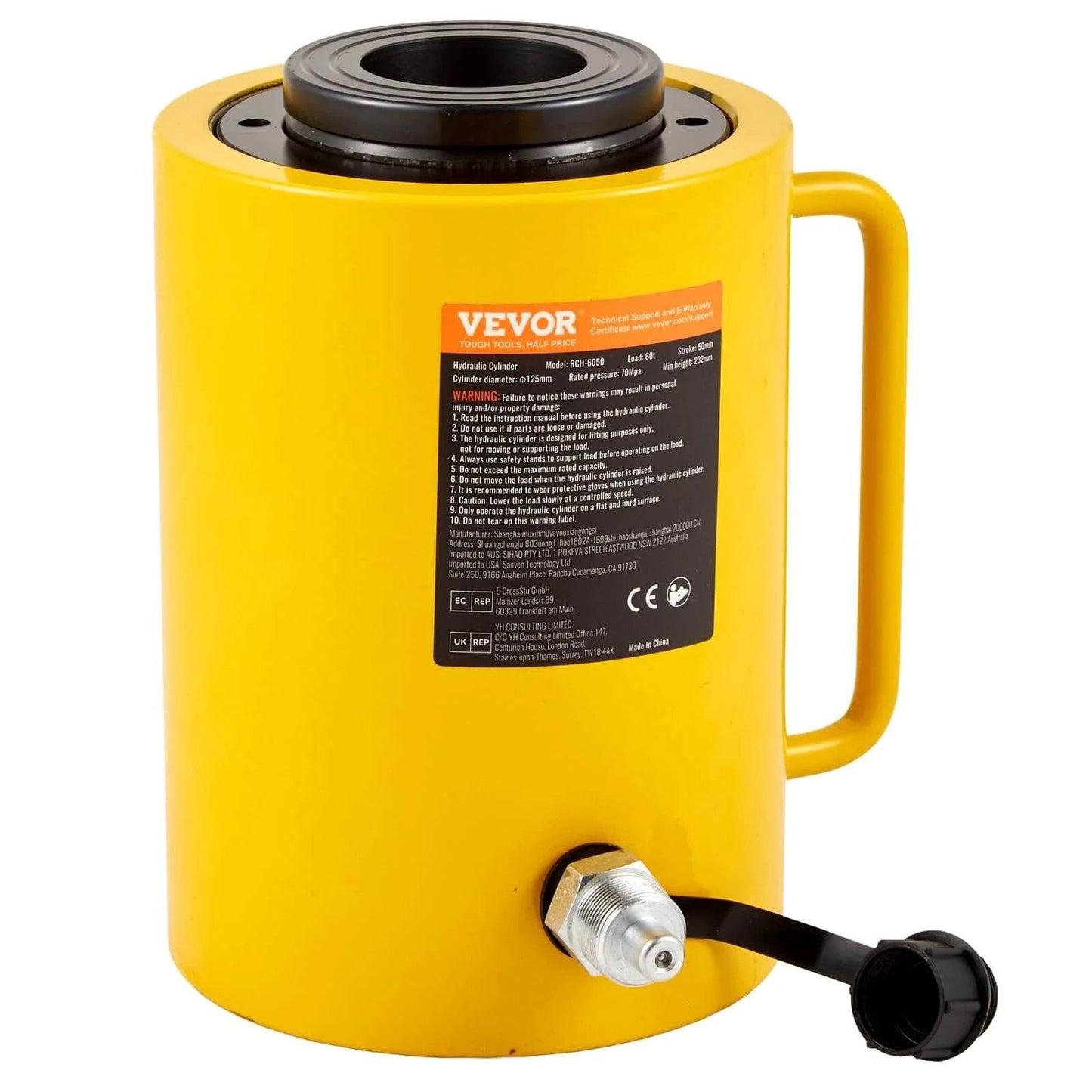 Yellow 60T 2 Inch Hydraulic Cylinder Jack Hollow Single Acting Hydraulic Ram Cylinder with handle and valve, industrial use.