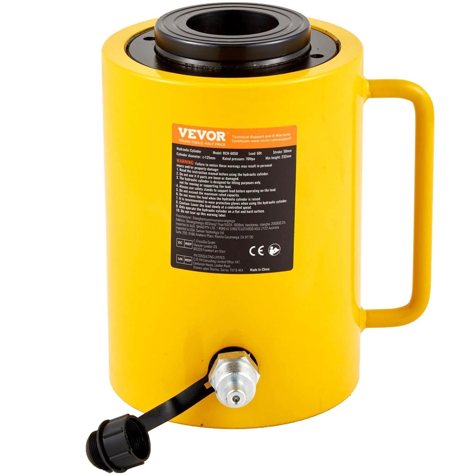 Yellow hydraulic cylinder, 60T 2 Inch Hydraulic Cylinder Jack Hollow Single Acting Hydraulic Ram Cylinder 50mm Hydraulic Lifting Cylinders shown