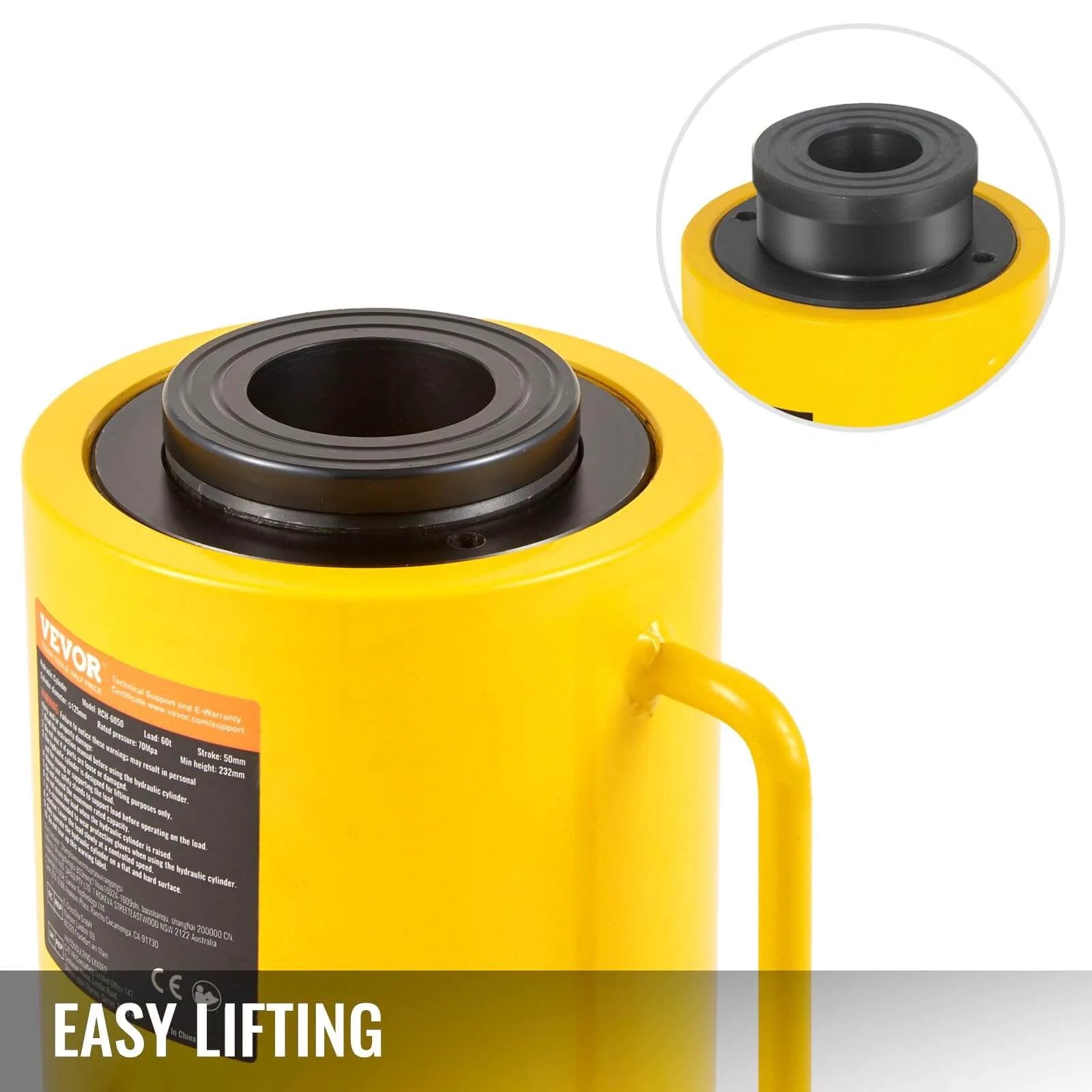 Close-up view of yellow ✝️ 60T 2 Inch Hydraulic Cylinder Jack Hollow Single Acting Hydraulic Ram Cylinder with handle