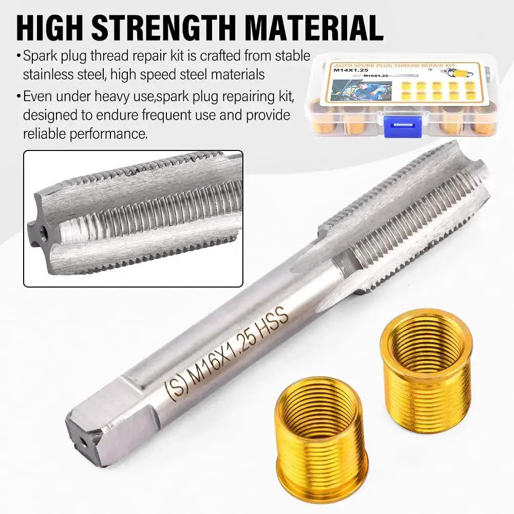 Spark Plug Thread Repair Kit With 10 Inserts And Tap For M14x1.25 in stainless steel with close-up of tap and gold inserts.