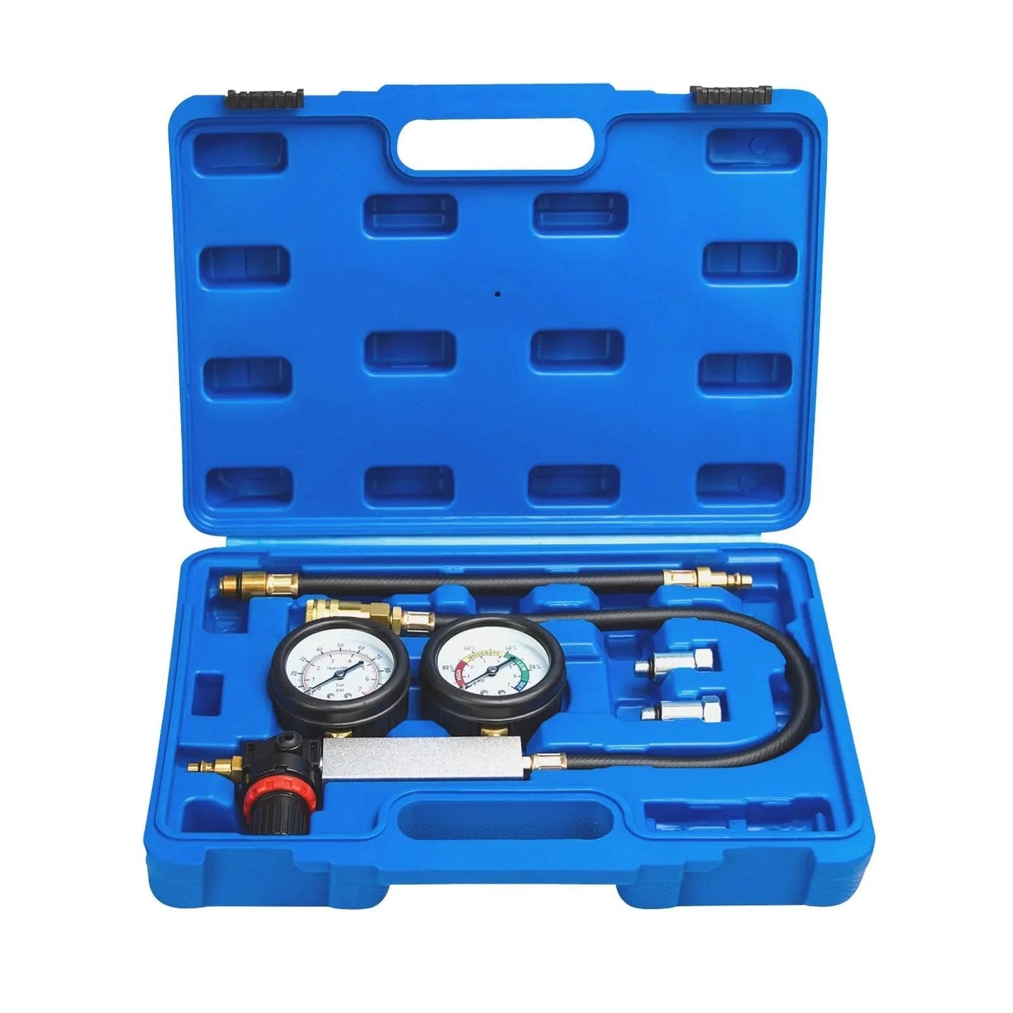 Universal Cylinder Leak Down Tester Kit With Dual Pressure Gauges For Gasoline Engines in blue hard case