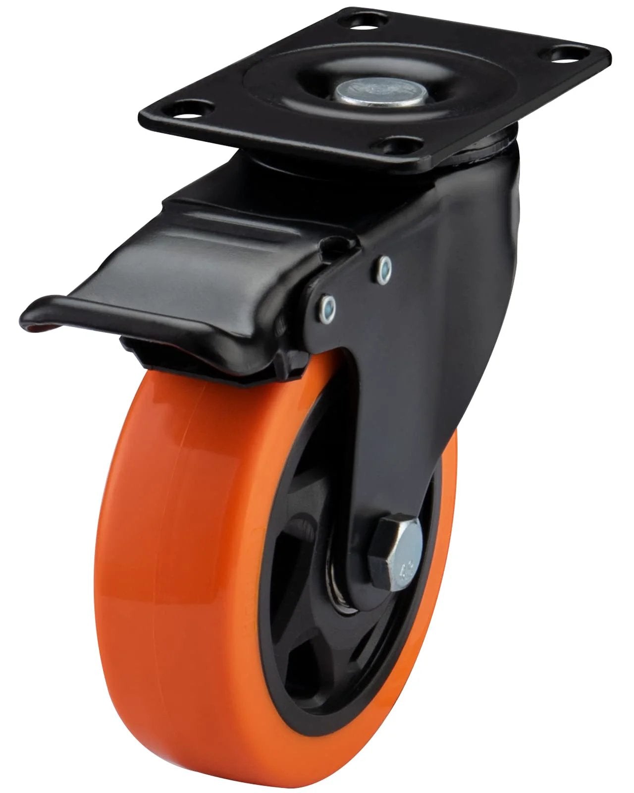 4" Caster Wheels, Heavy Duty Set of 4 - Orange Polyurethane Top Plate Swivel Casters, Industrial 4-Pack with Brake, Locking Wheels for Furniture and Workbench