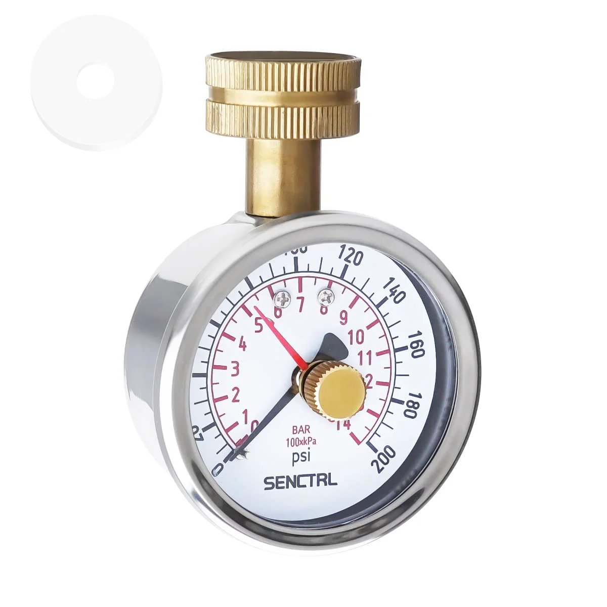 Front view of a Water Pressure Gauge For Home Use 0-200 PSI With 2.5 Inch Dial Lead Free Stainless Steel Case IP67 Waterproof