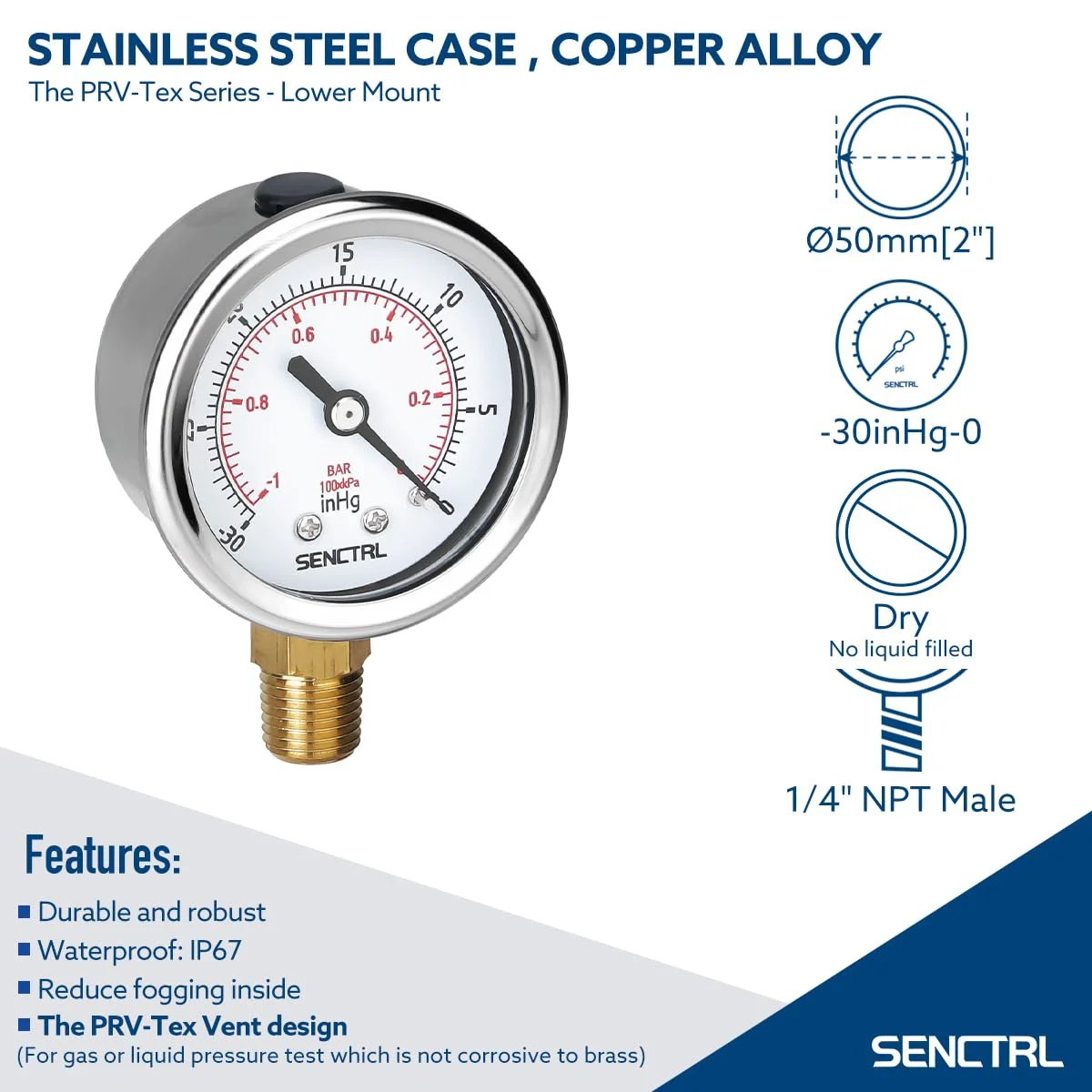 Heavy Duty 30 InHg Vacuum Pressure Gauge With Two Inch Dial And One Quarter NPT Lower Mount Built To Last In Waterproof Stainless Steel Case For HVAC Tube Tester Pneumatic Systems And Hand Pump SENCTRL