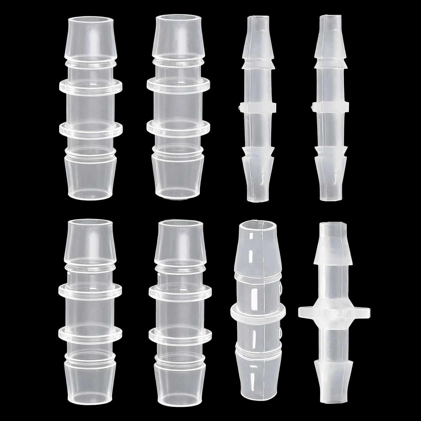 Plastic Hose Barb Fittings Pack Of Eight Barbed Adapters For Air Water And Fuel Lines In Sizes Three Sixteenths Inch One Quarter Inch Three Eighths Inch One Half Inch And Five Eighths Inch Durable Polypropylene, eight clear fittings shown.