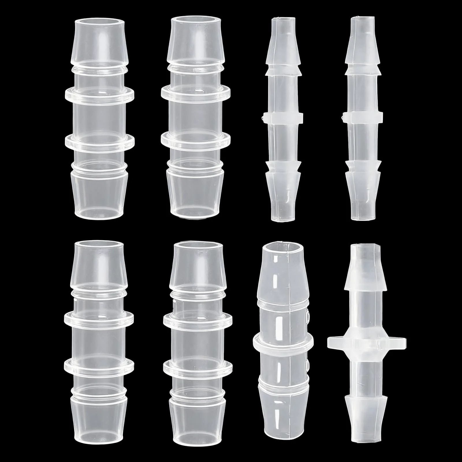 Plastic Hose Barb Fittings Pack Of Eight Barbed Adapters For Air Water And Fuel Lines In Sizes Three Sixteenths Inch One Quarter Inch Three Eighths Inch One Half Inch And Five Eighths Inch Durable Polypropylene, eight clear fittings shown.