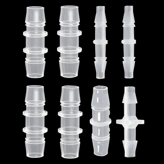 Plastic Hose Barb Fittings Pack Of Eight Barbed Adapters For Air Water And Fuel Lines In Sizes Three Sixteenths Inch One Quarter Inch Three Eighths Inch One Half Inch And Five Eighths Inch Durable Polypropylene, eight clear fittings shown.