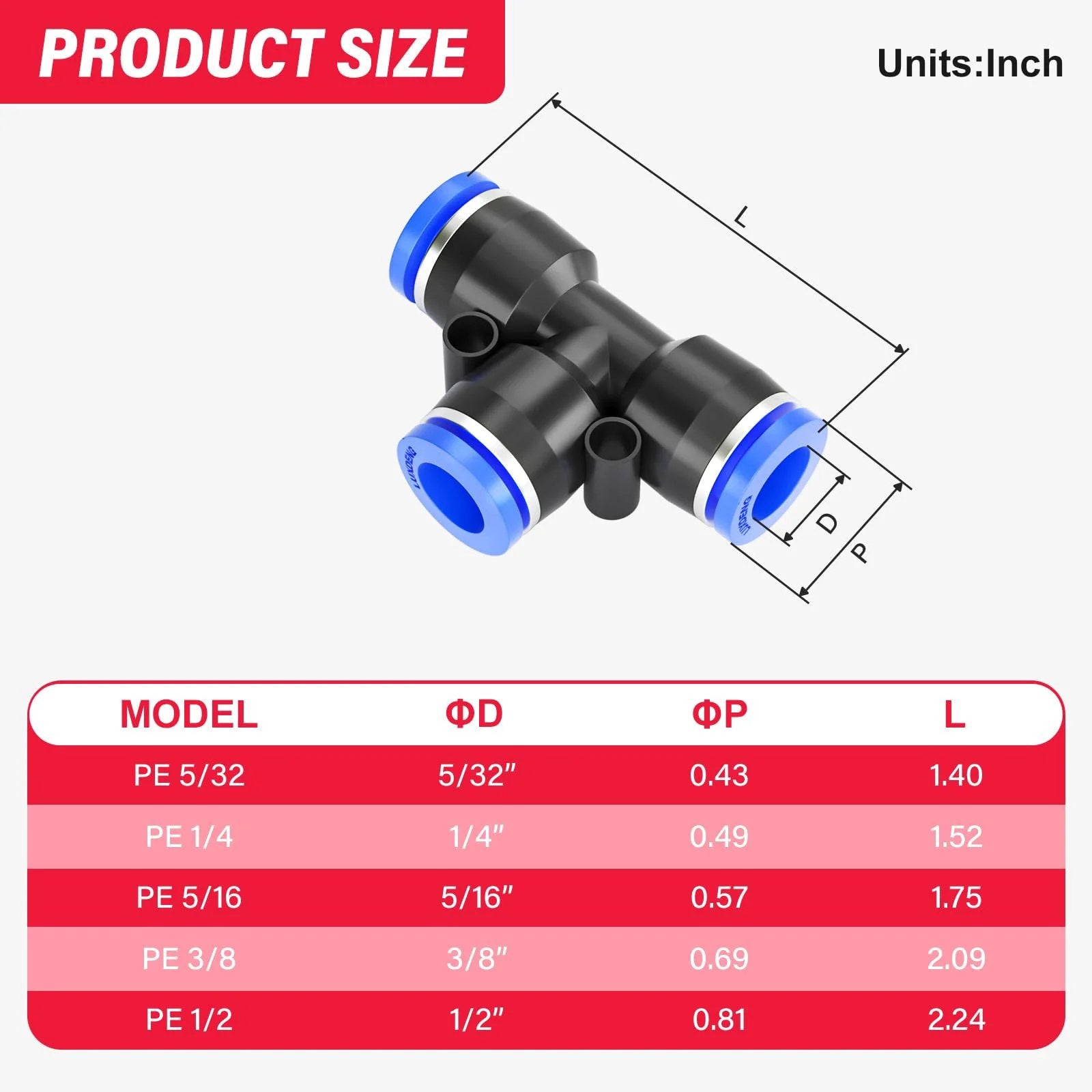 Blue 6mm OD Tee Push To Connect Tube Fittings For Air And Vacuum Quick Connect Pneumatic Connector Compatible With PU PA PE PVC Tubing Pack Of 10 For Easy Assembly shown with product size chart.