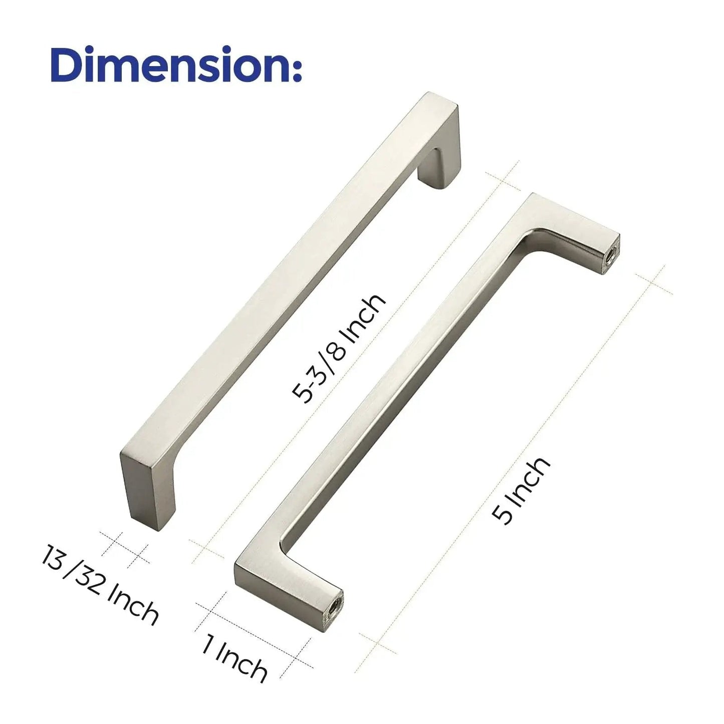 Dimensions of 25 Pack Solid 5 Inch Square Kitchen Cabinet Handles in Brushed Nickel with 5-Inch Center To Center Spacing, Classic Modern Design