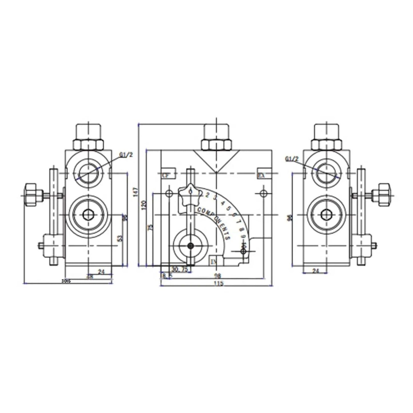Technical drawing of Hydraulic Adjustable Variable Flow Control Valve For Log Splitters With Three Quarter NPT Fittings 0 To 30 GPM