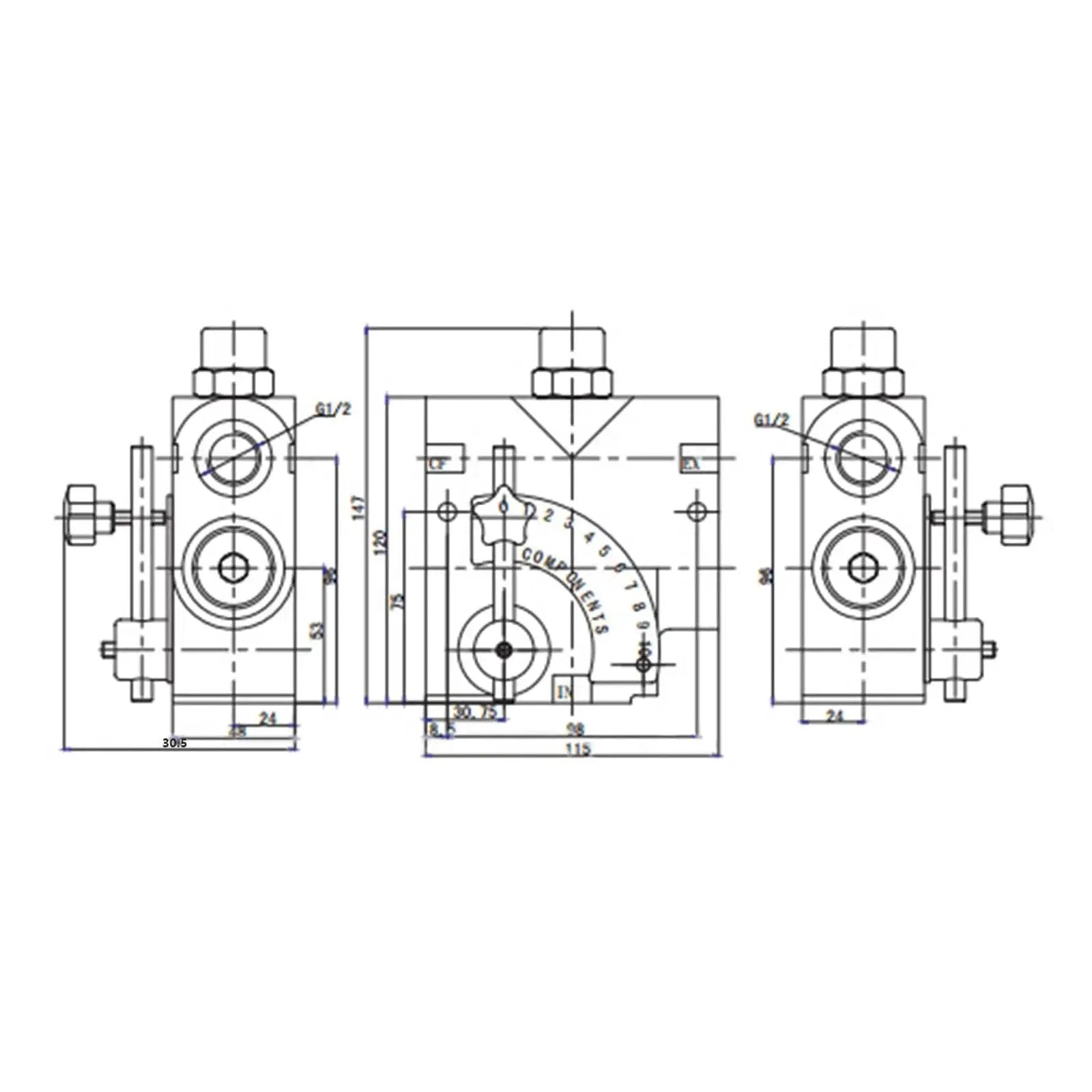 Technical drawing of Hydraulic Adjustable Variable Flow Control Valve For Log Splitters With Three Quarter NPT Fittings 0 To 30 GPM