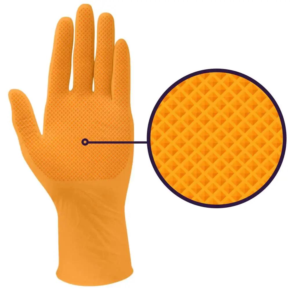 8 Mil Orange Nitrile Gloves With Diamond Textured Grip For Industrial And Food, close-up of textured palm