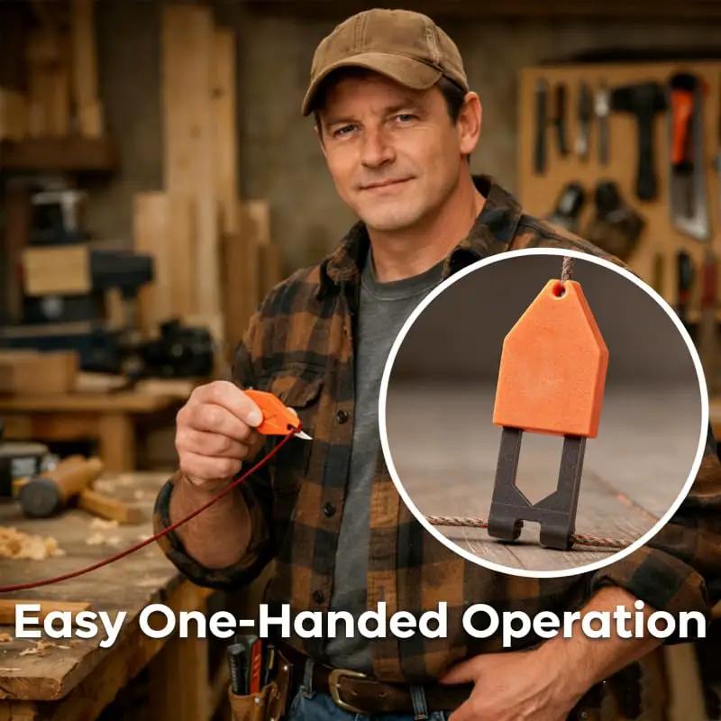 Carpenter using Rope Anchor Hook One-Handed Steel Pin Rope Fixer for Carpentry and Construction in workshop setting.